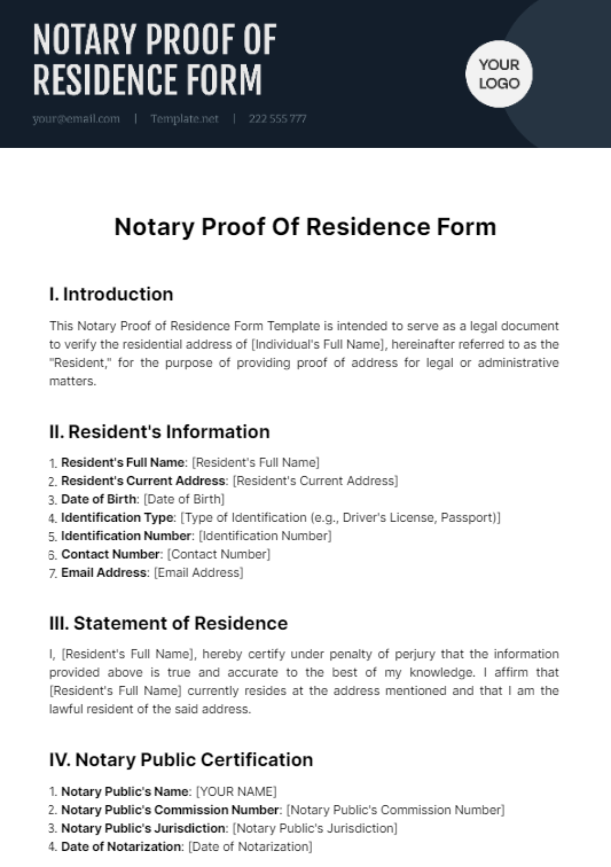 Free Notary Proof Of Residence Form Template