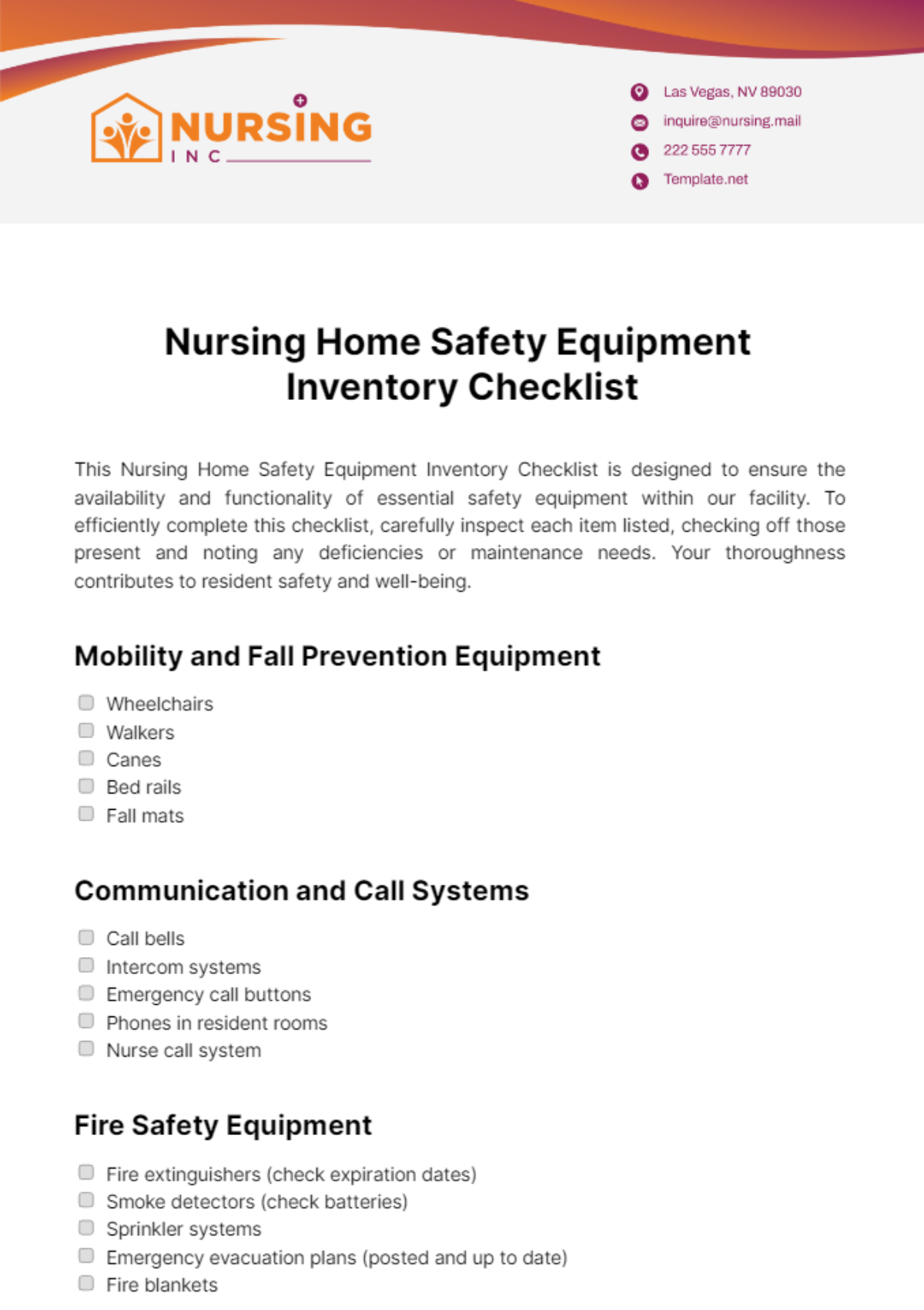 Nursing Home Safety Equipment Inventory Checklist Template