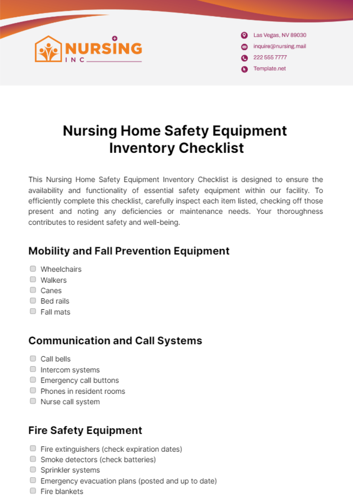 Nursing Home Safety Equipment Inventory Checklist Template - Edit Online & Download