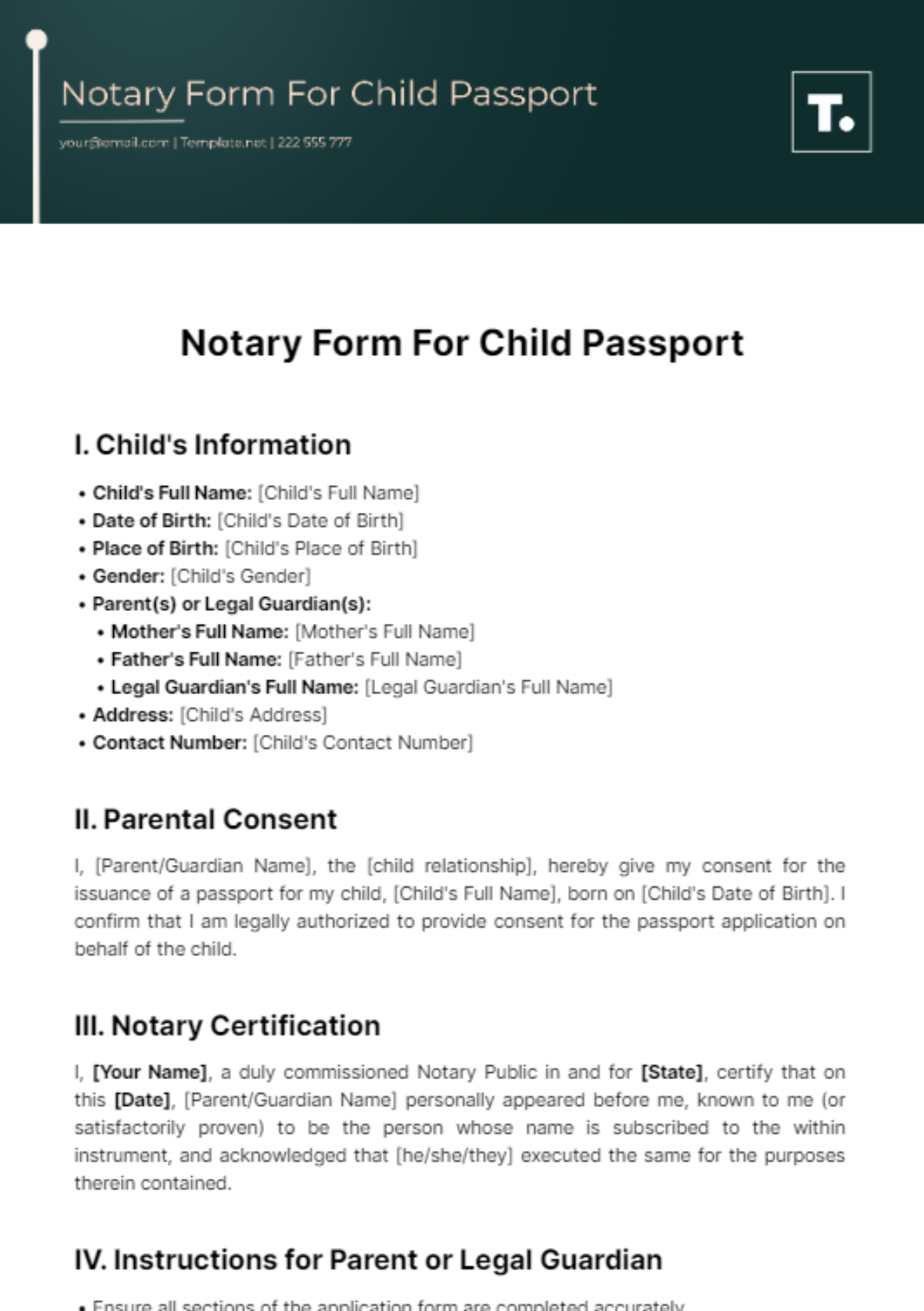 Notary Form For Child Passport Template