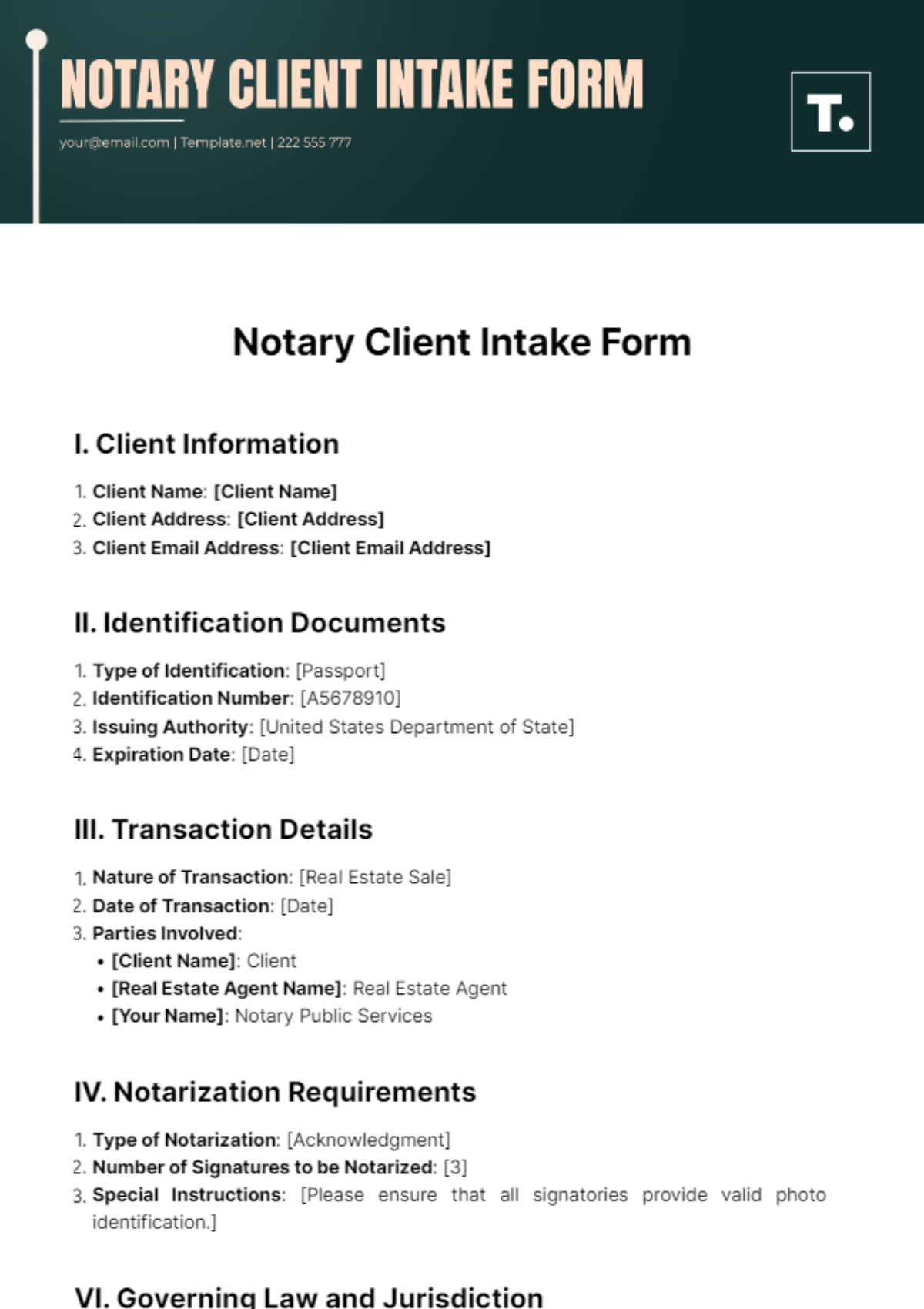 Free Notary Client Intake Form Template