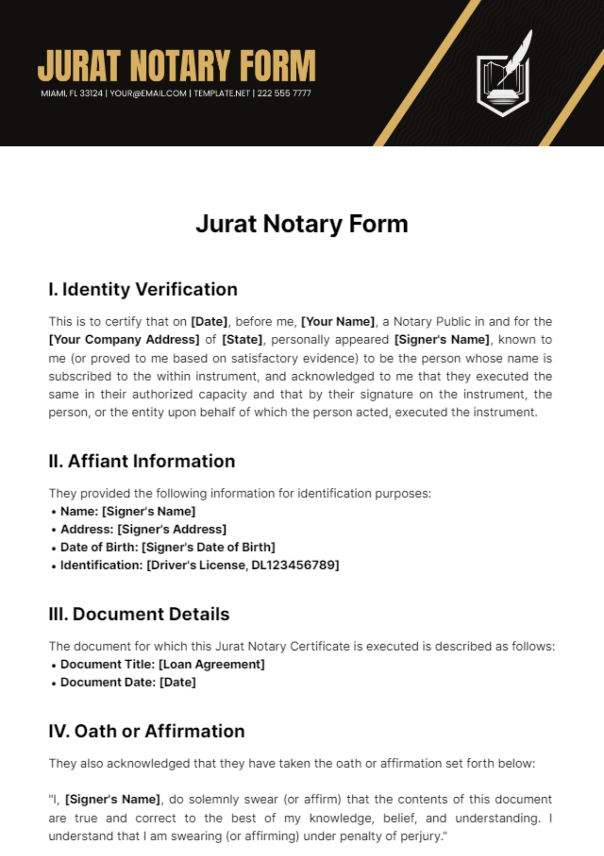 Free Jurat Notary Form Template