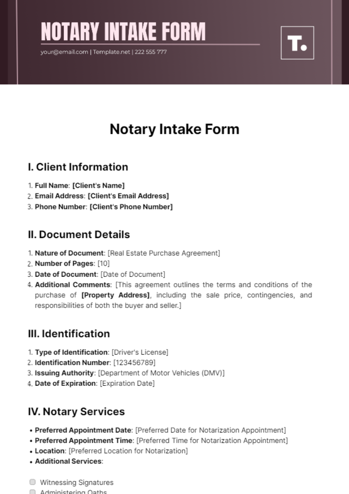 Notary Intake Form Template