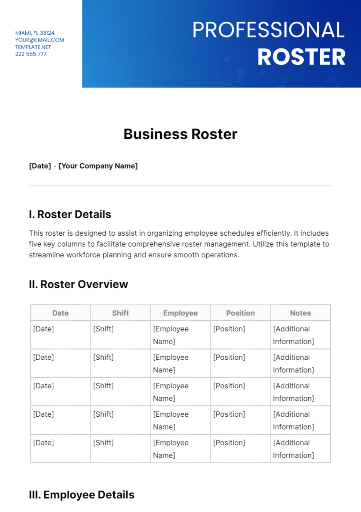 Business Roster Template