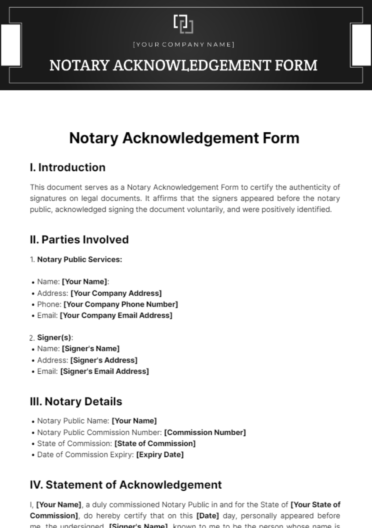 Notary Acknowledgement Form Template
