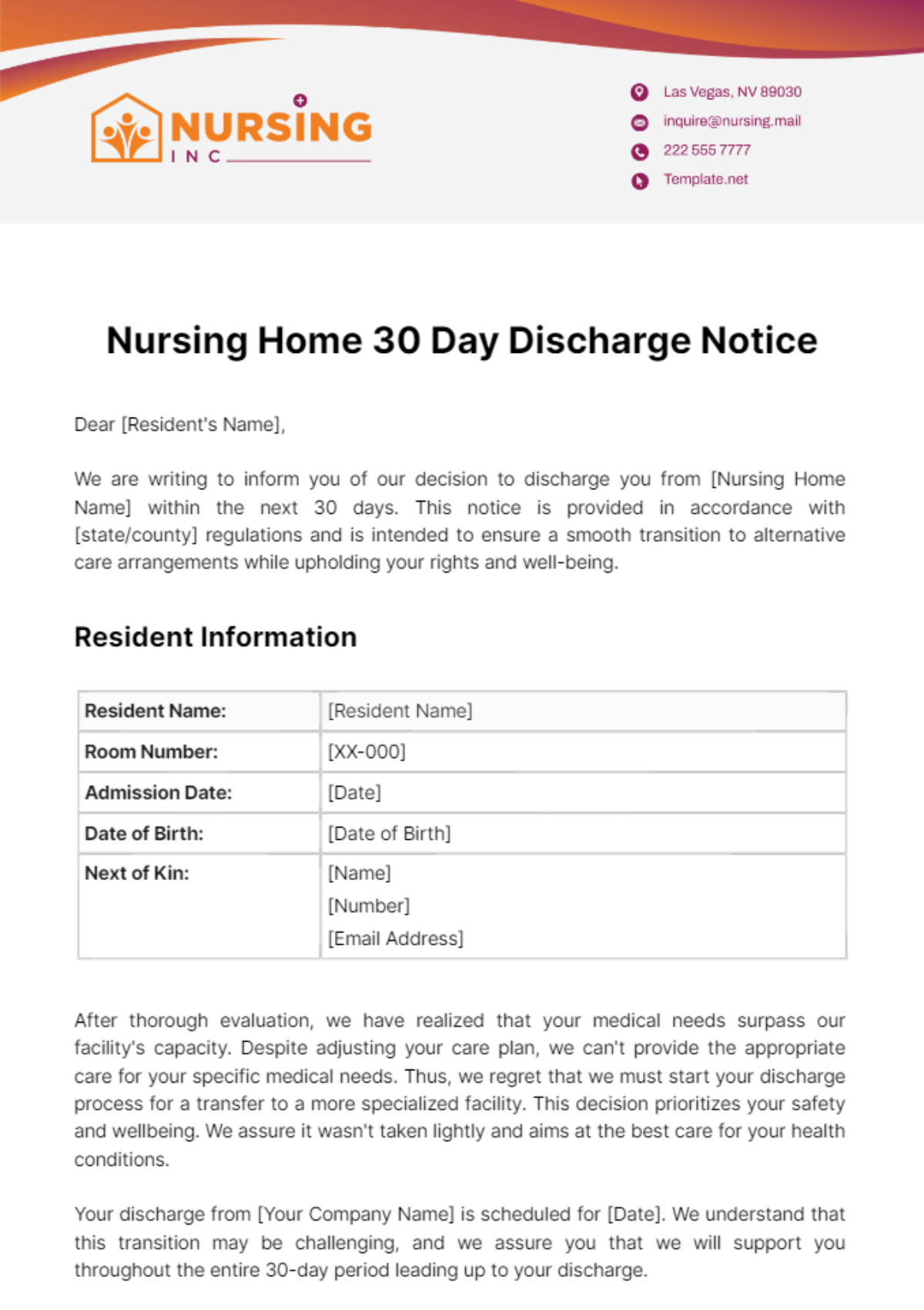 Nursing Home 30 Day Discharge Notice Template
