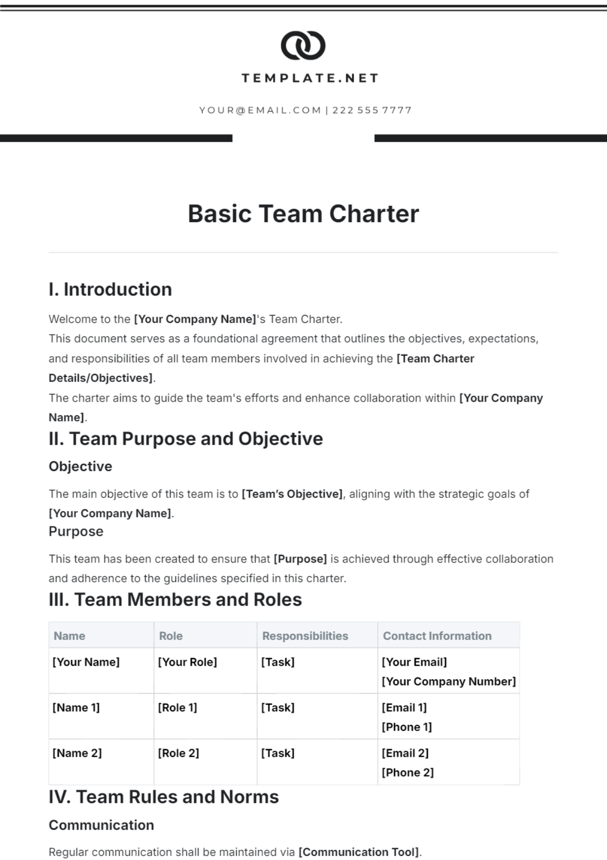 Basic Team Charter Outline Template