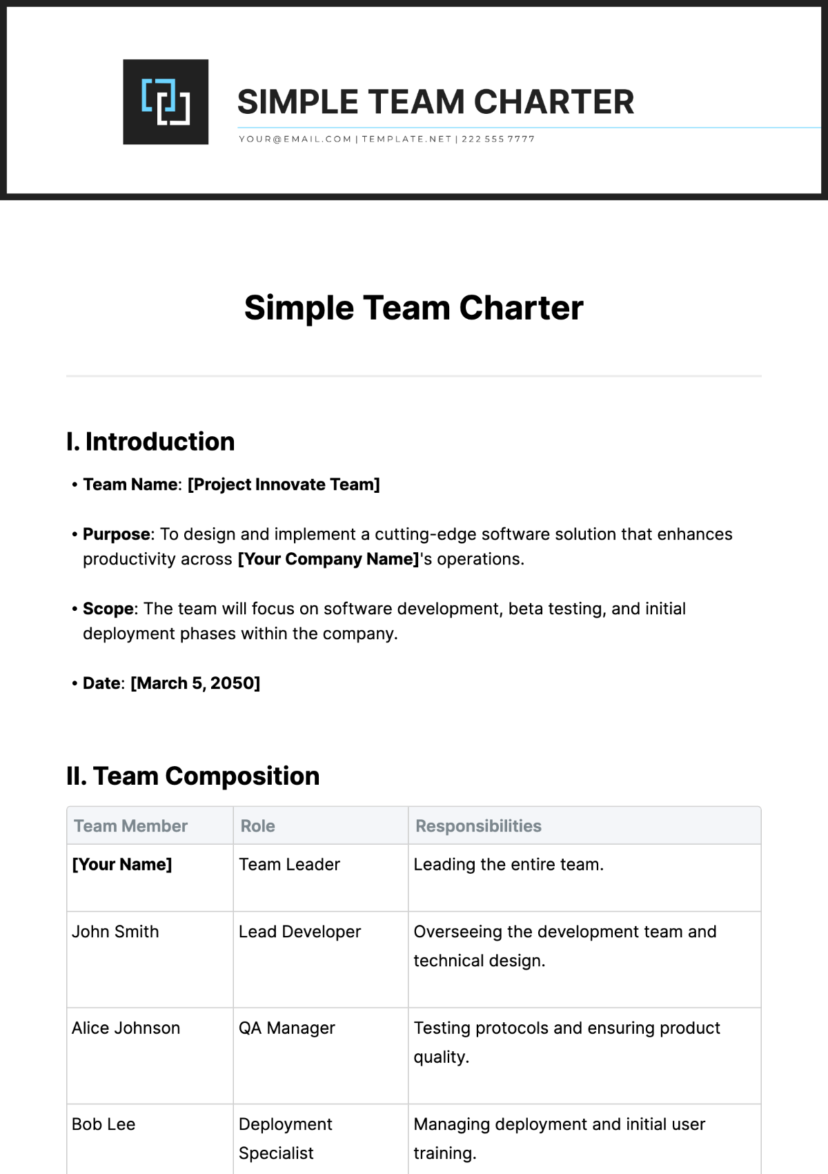 Simple Team Charter Template
