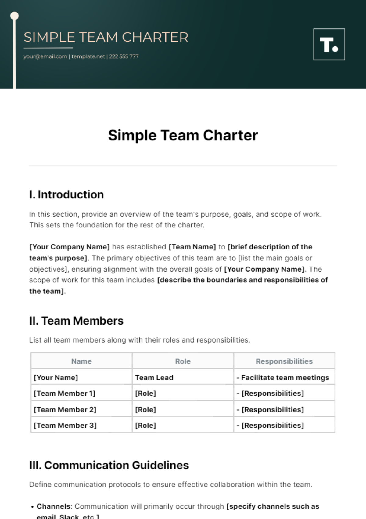 Simple Team Charter Template