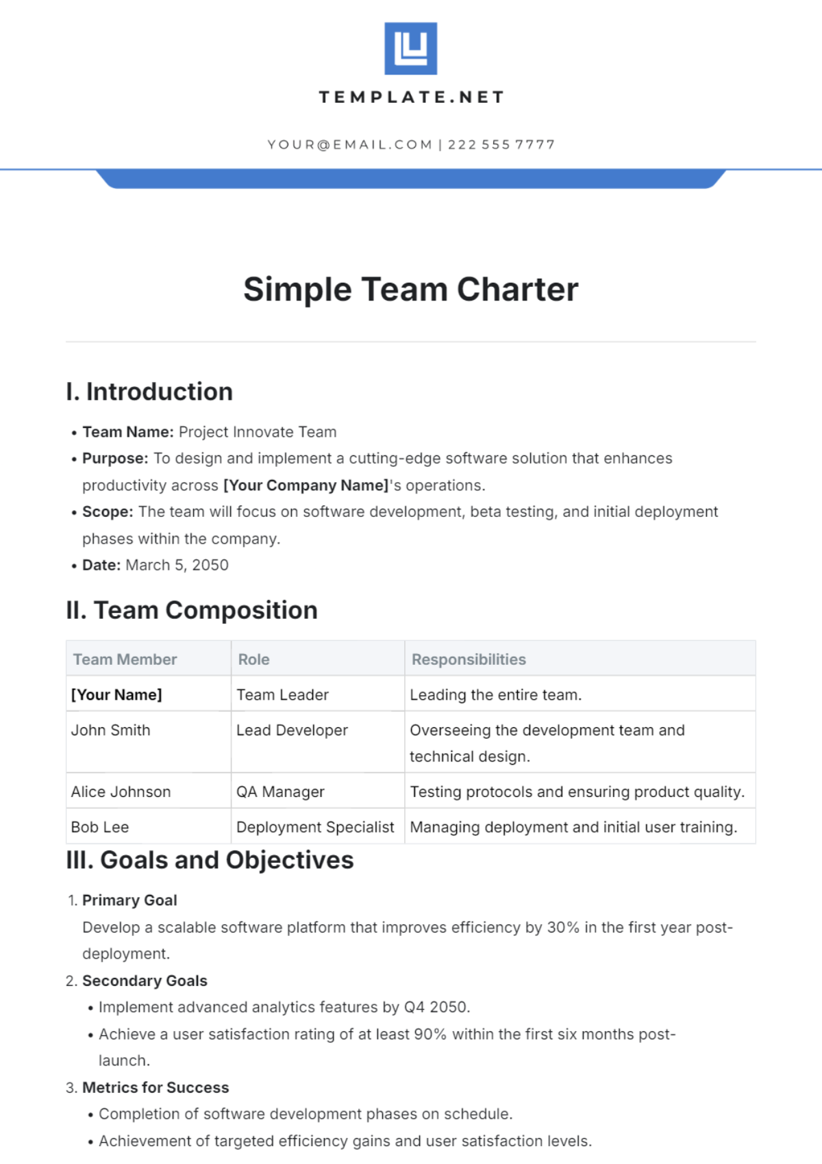 Simple Team Charter Template