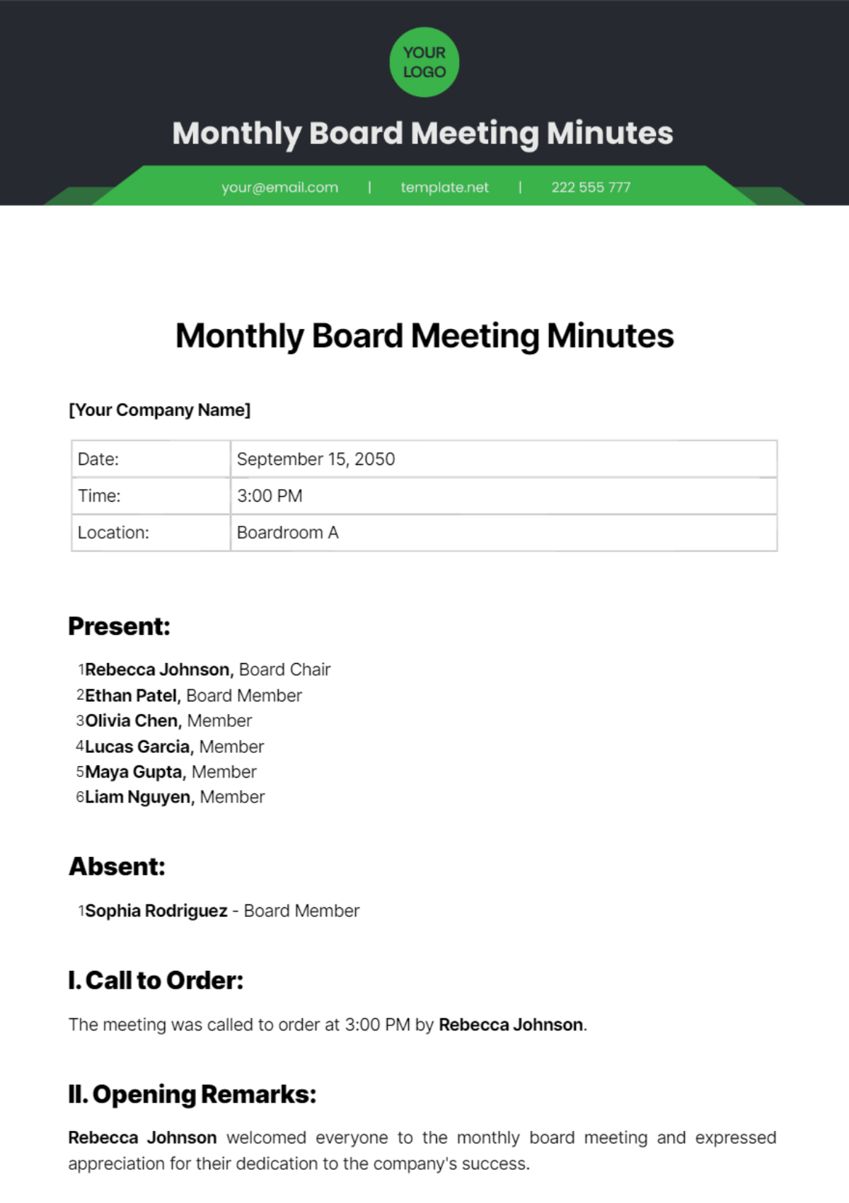 Monthly Board Meeting Minutes Template - Edit Online & Download