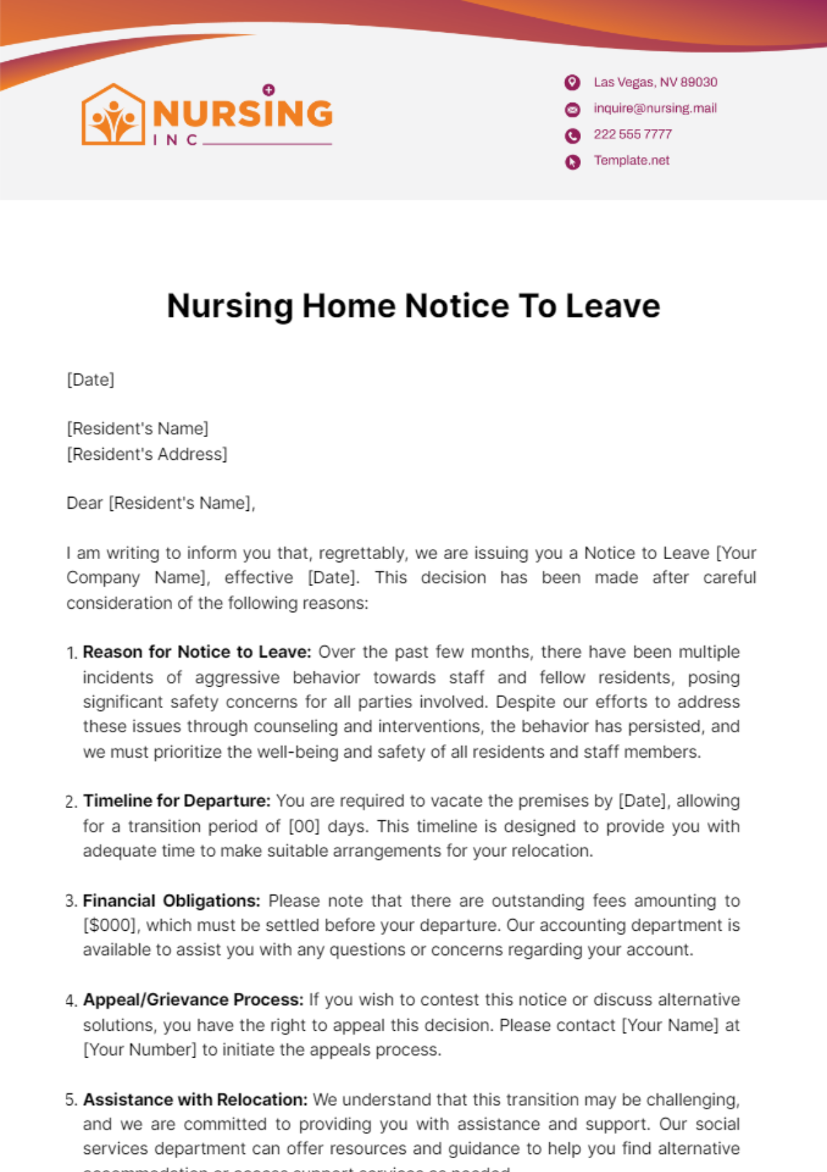 Free Nursing Home Notice To Leave Template