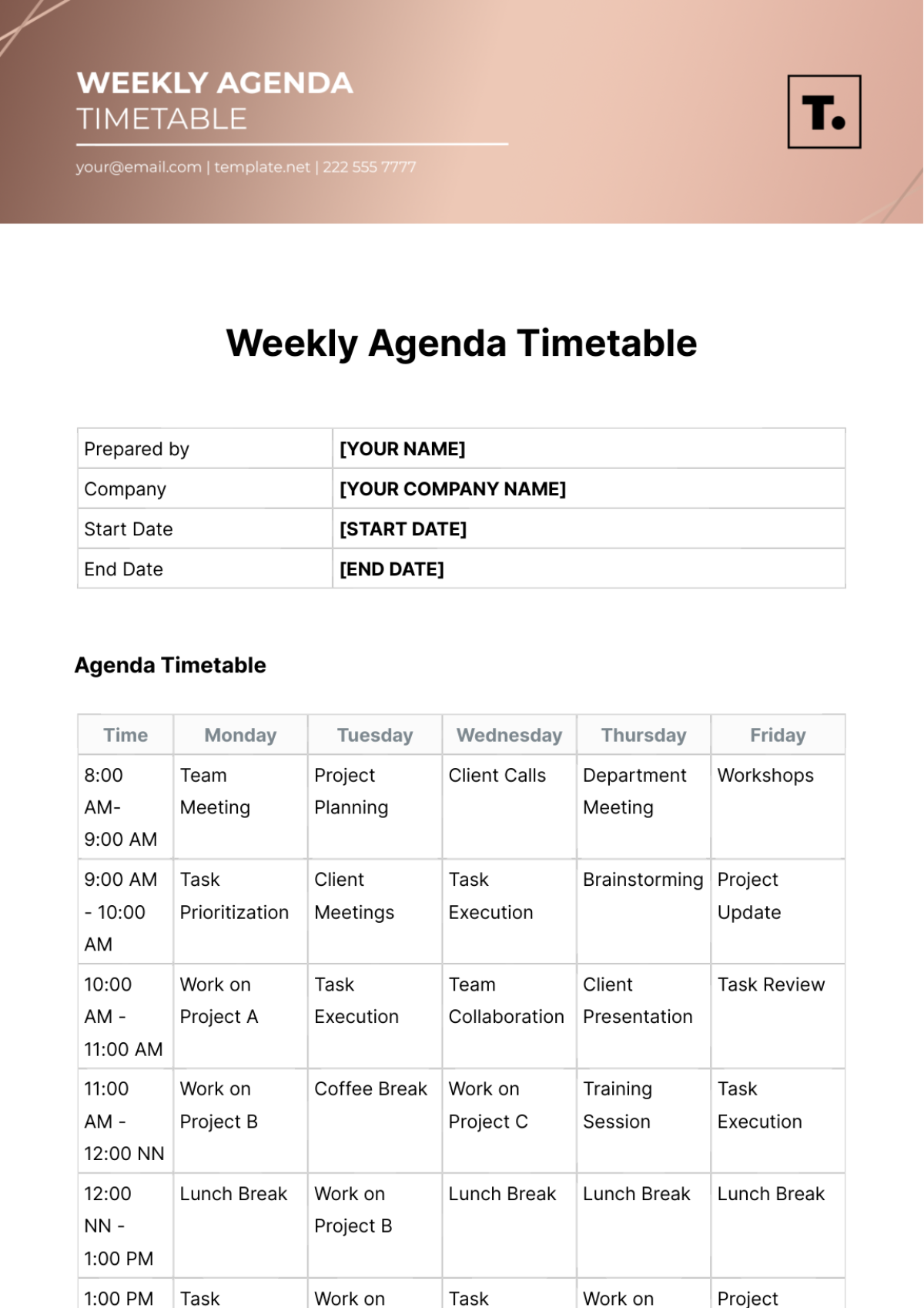 Free Weekly Agenda Timetable Template