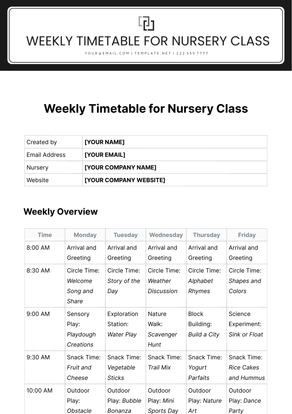 Free Weekly Timetable for Nursery Class Template