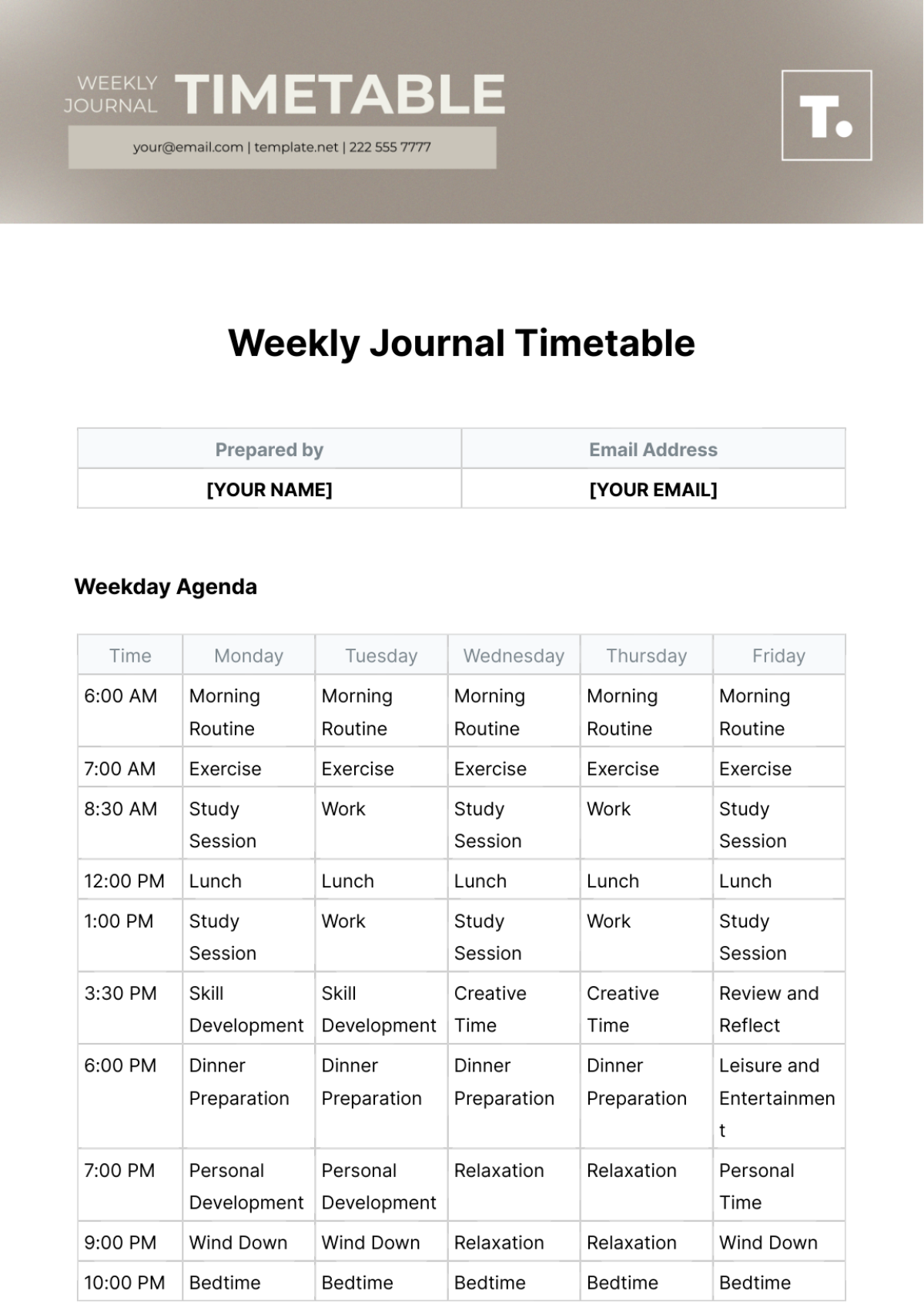 Weekly Journal Timetable Template