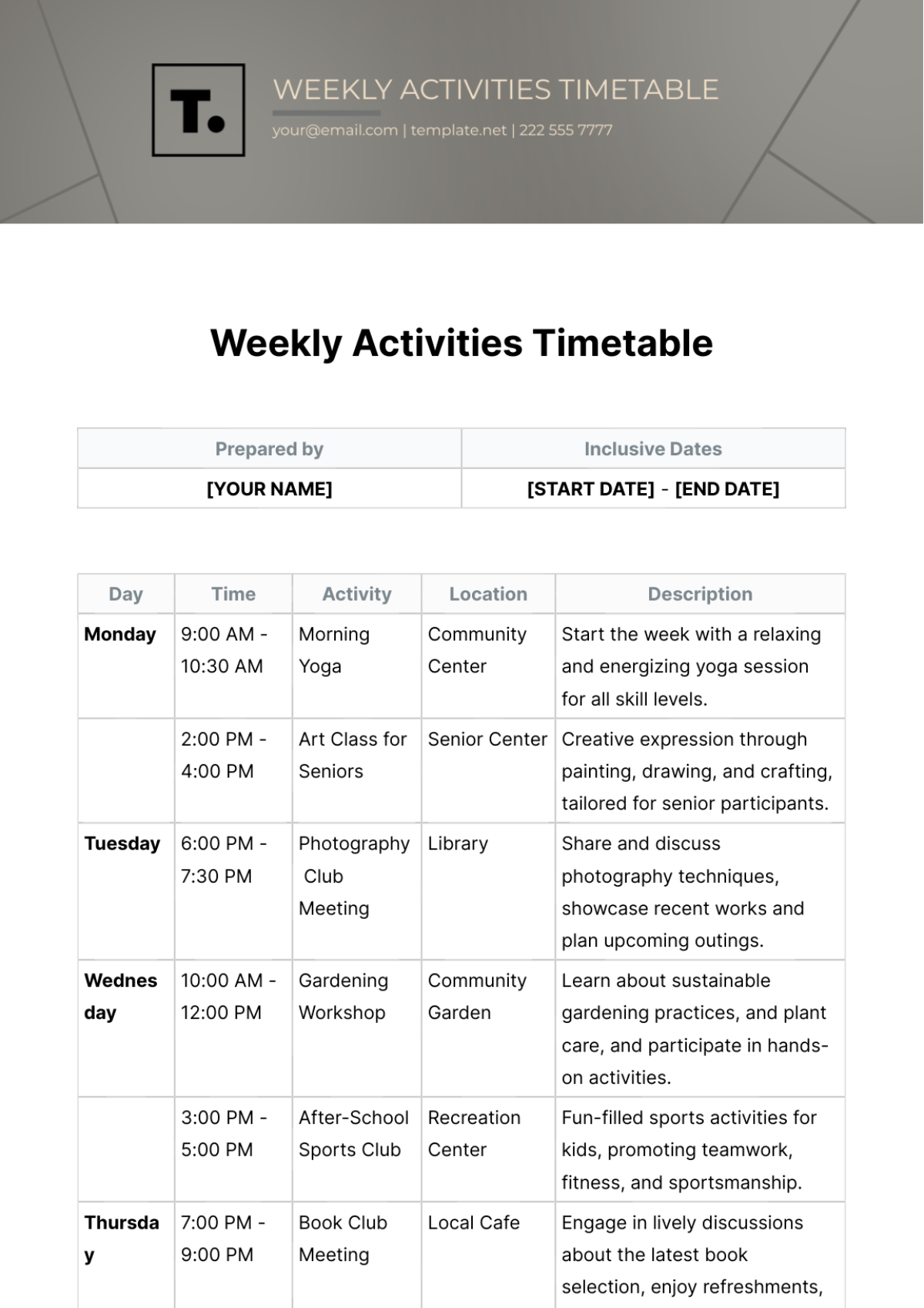 Weekly Activities Timetable Template