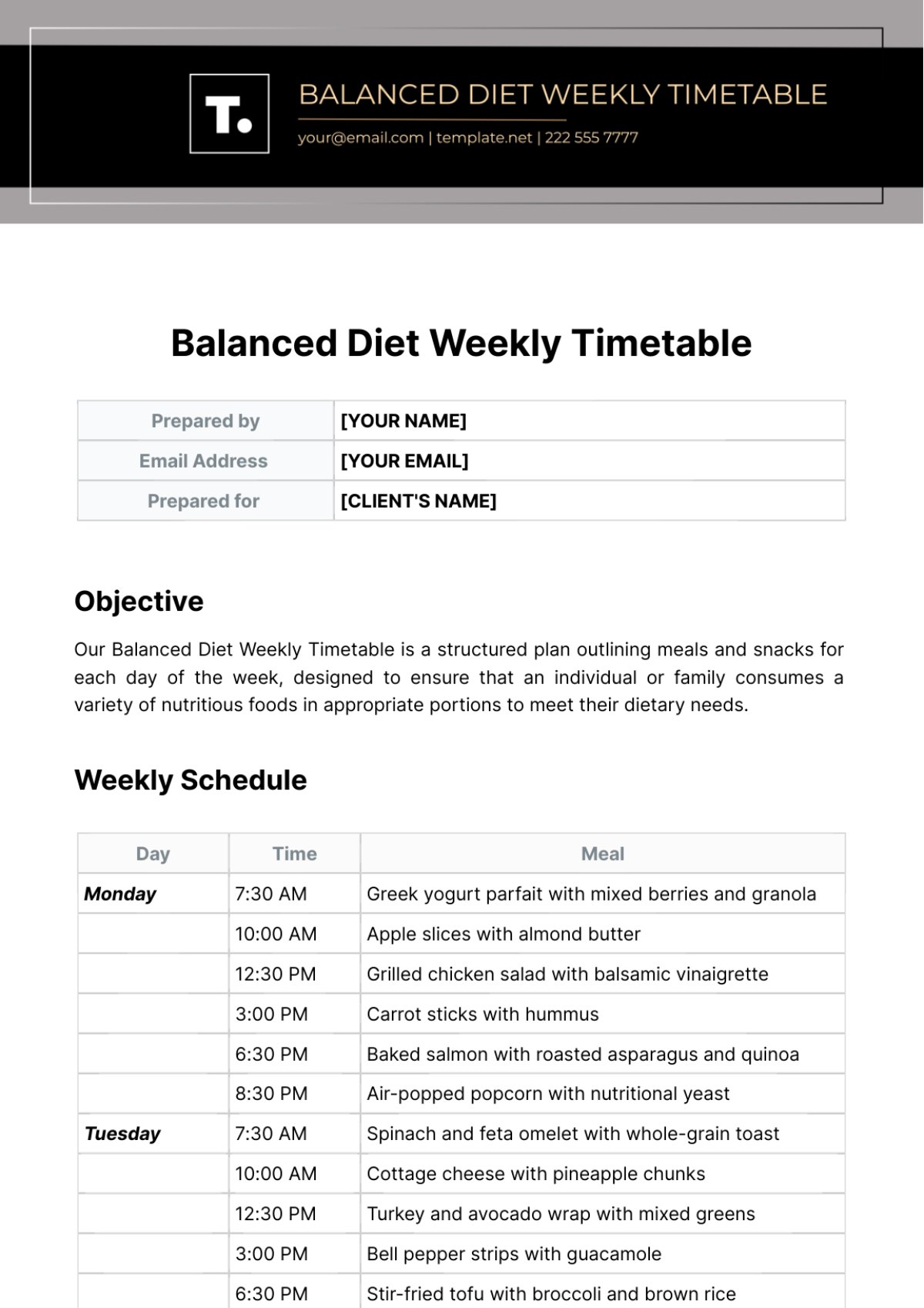 Free Balanced Diet Weekly Timetable Template
