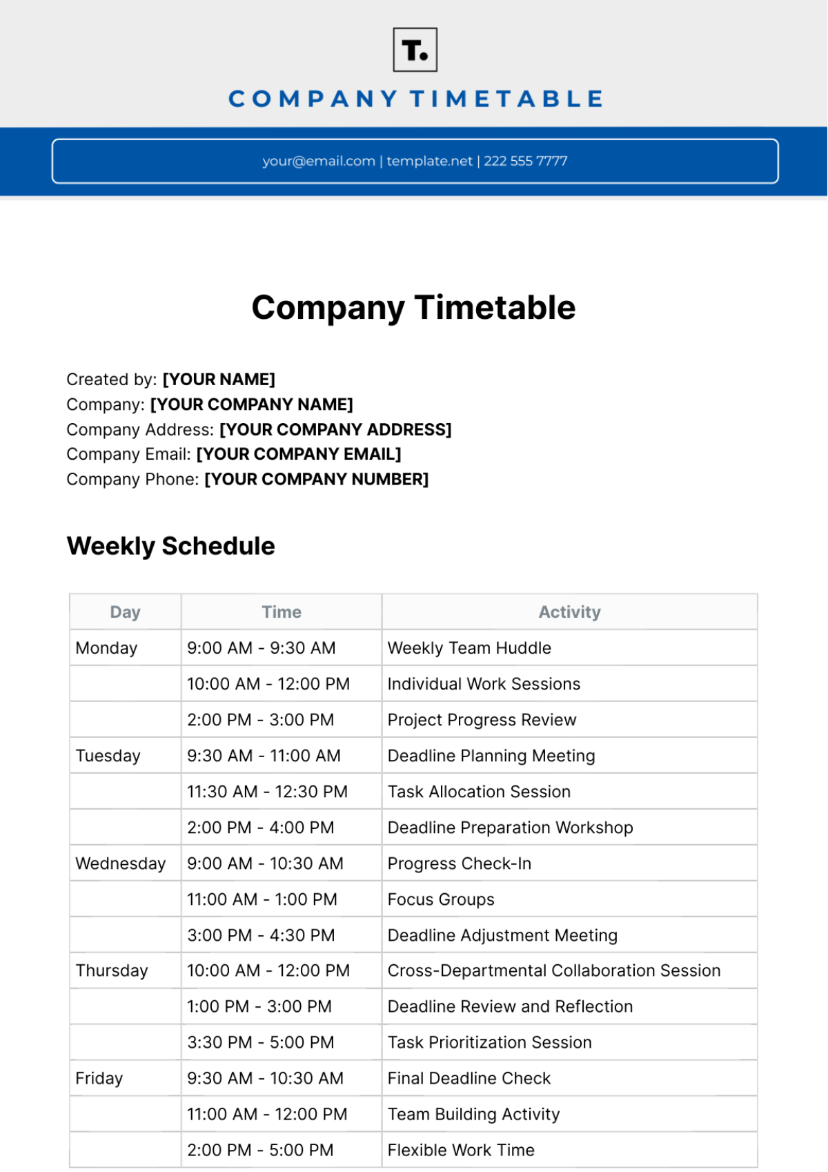 Free Company Timetable Template