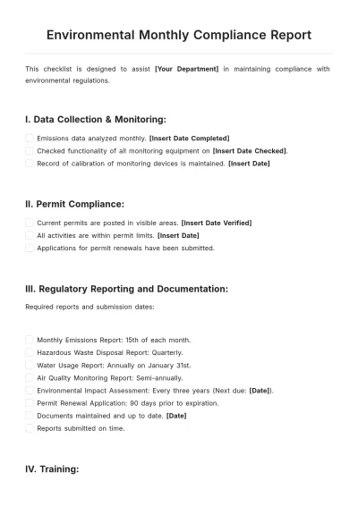 Free Environmental Monthly Compliance Report Template to Edit Online