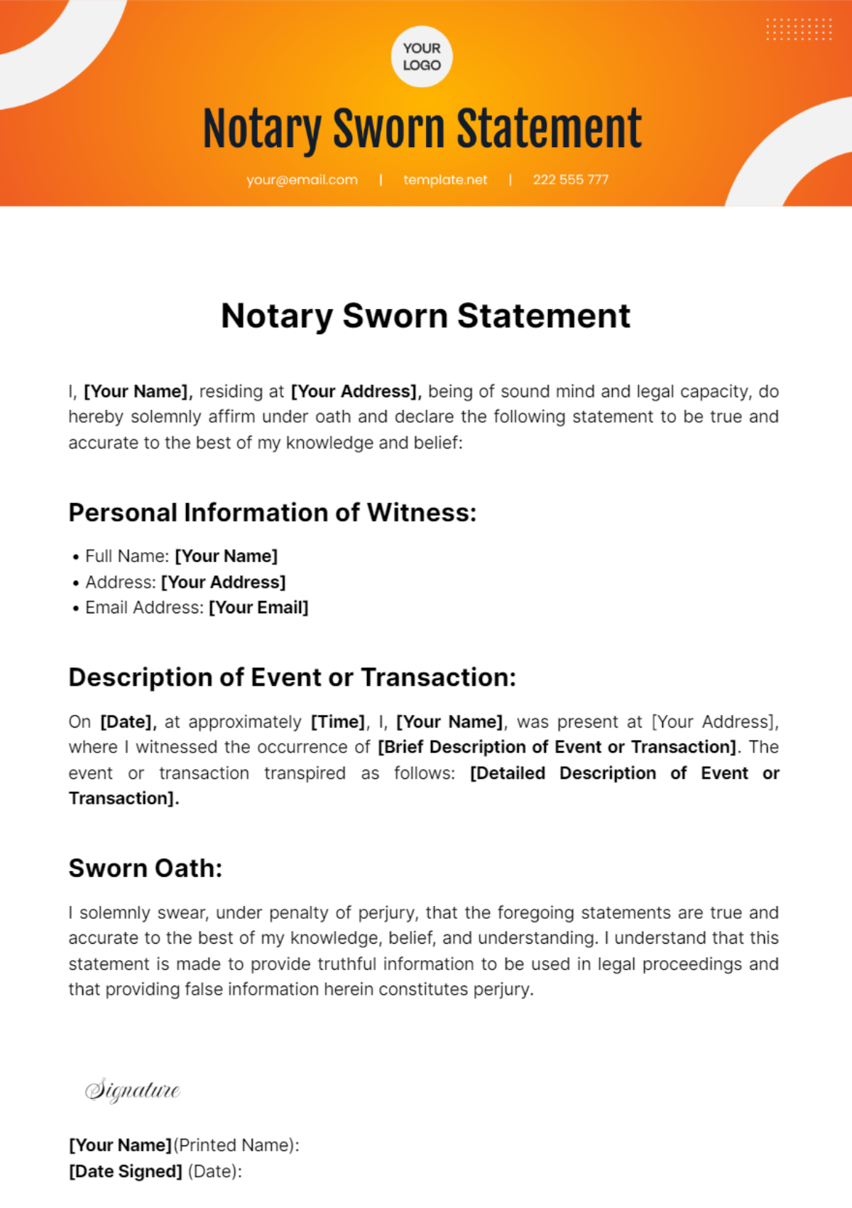 Free Notary Sworn Statement Template