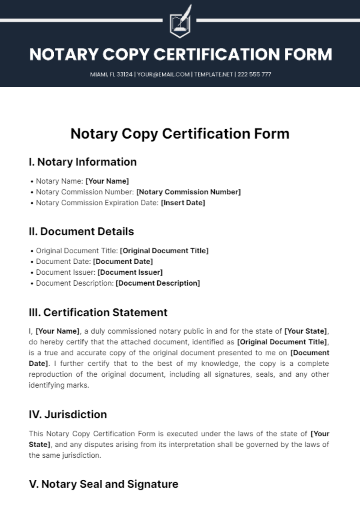 Notary Copy Certification Form Template