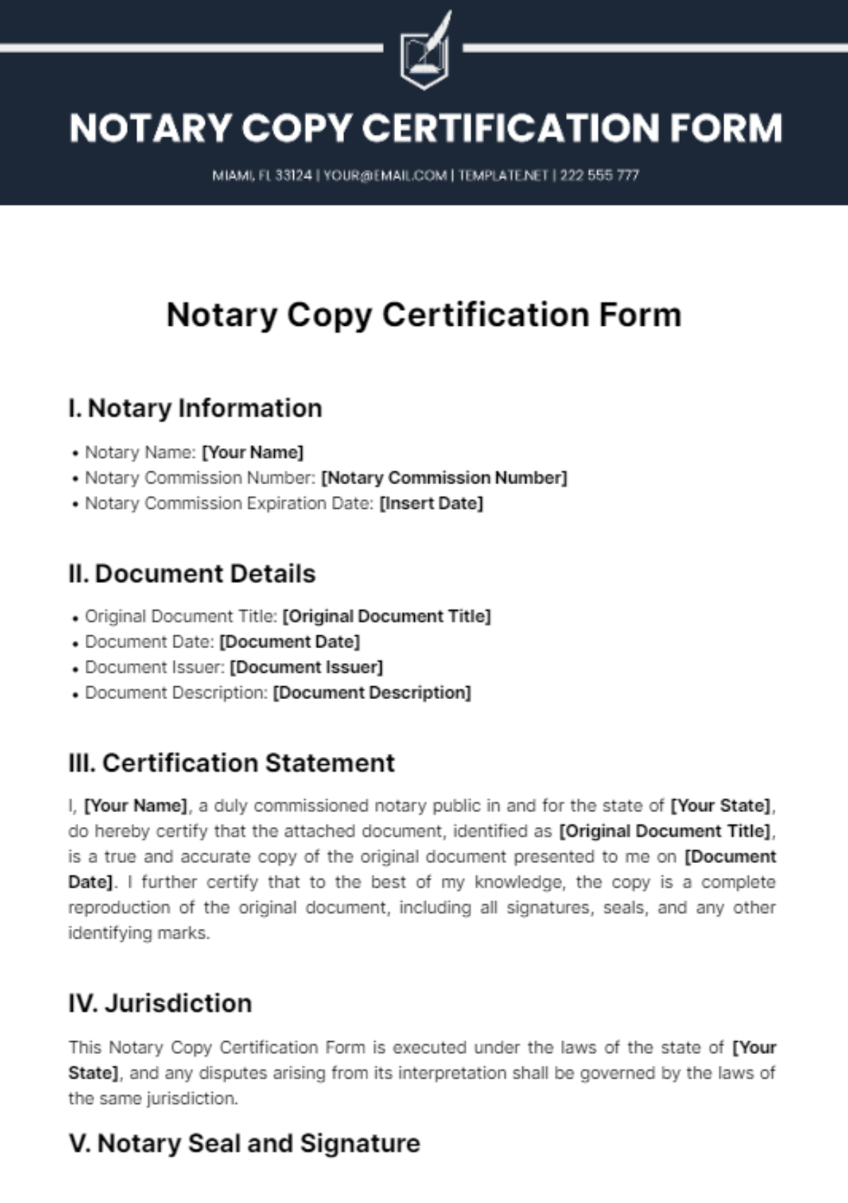 Notary Copy Certification Form Template