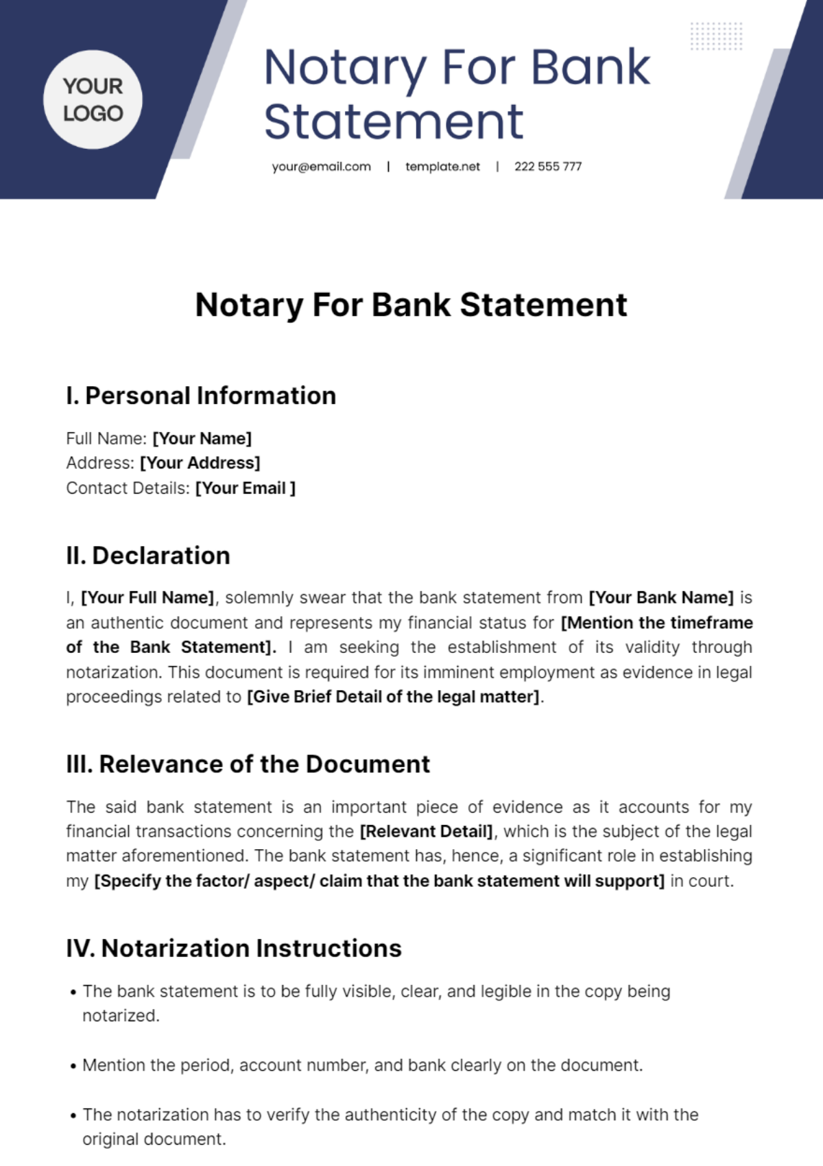 Notary For Bank Statement Template