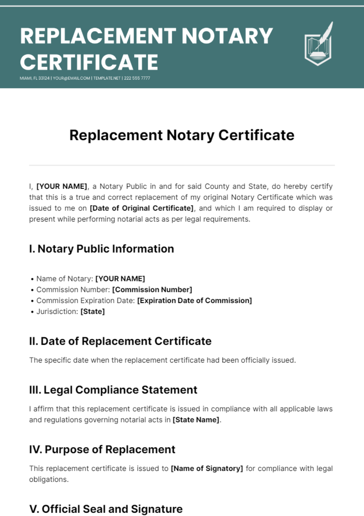 Replacement Notary Certificate Template