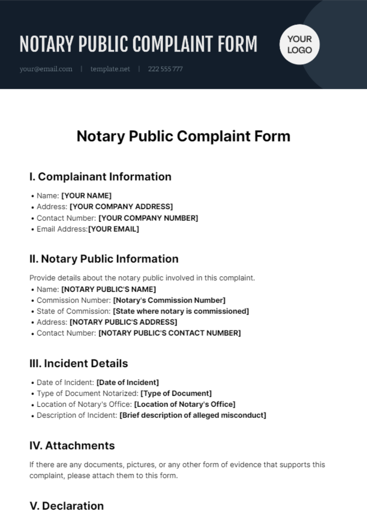 Free Notary Complaint Form Template