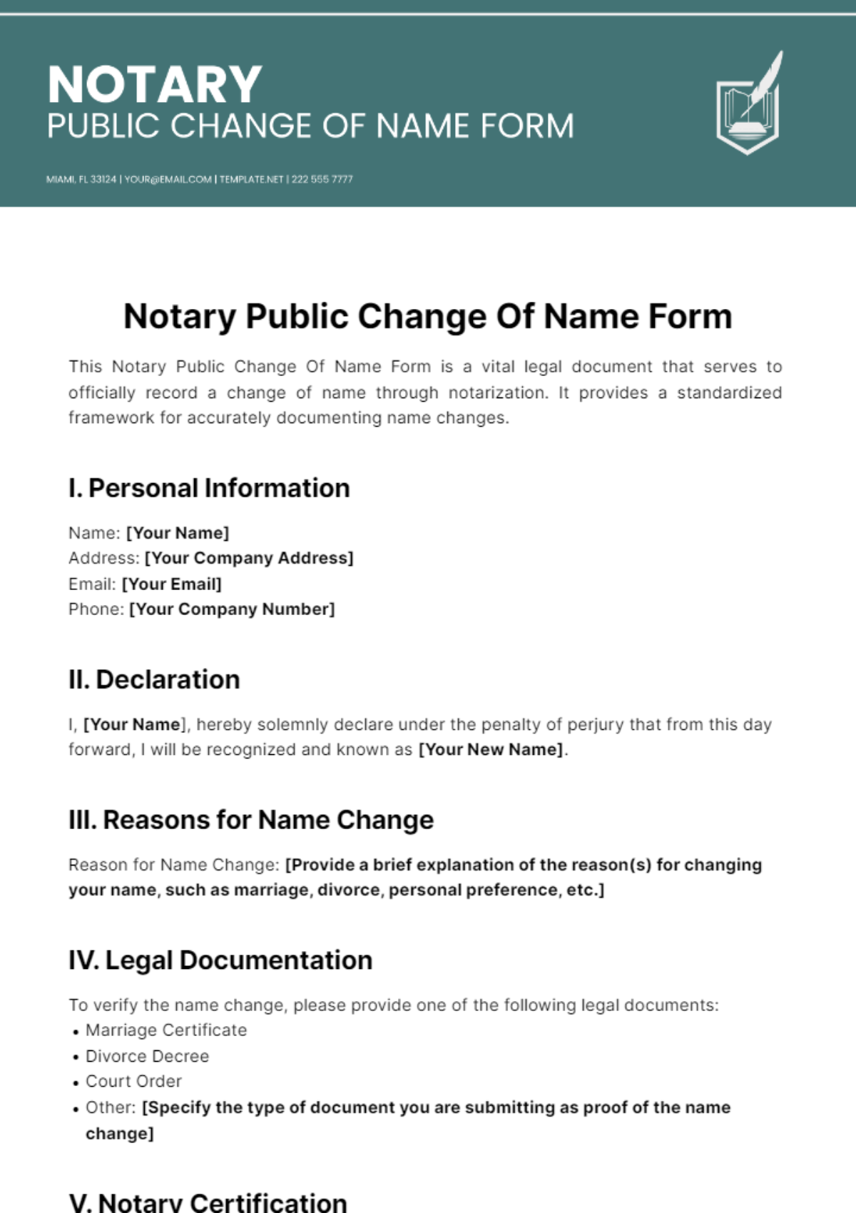 Free Notary Public Change Of Name Form Template