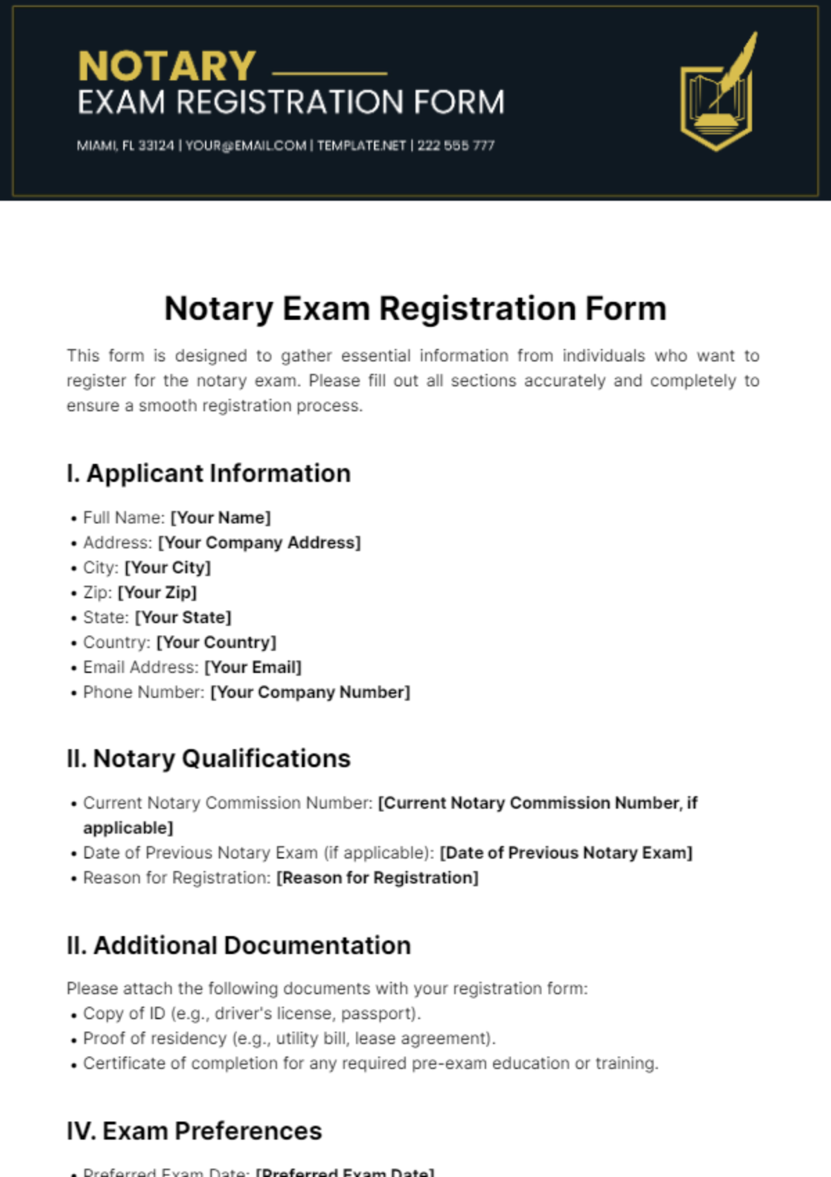 Free Notary Exam Registration Form Template