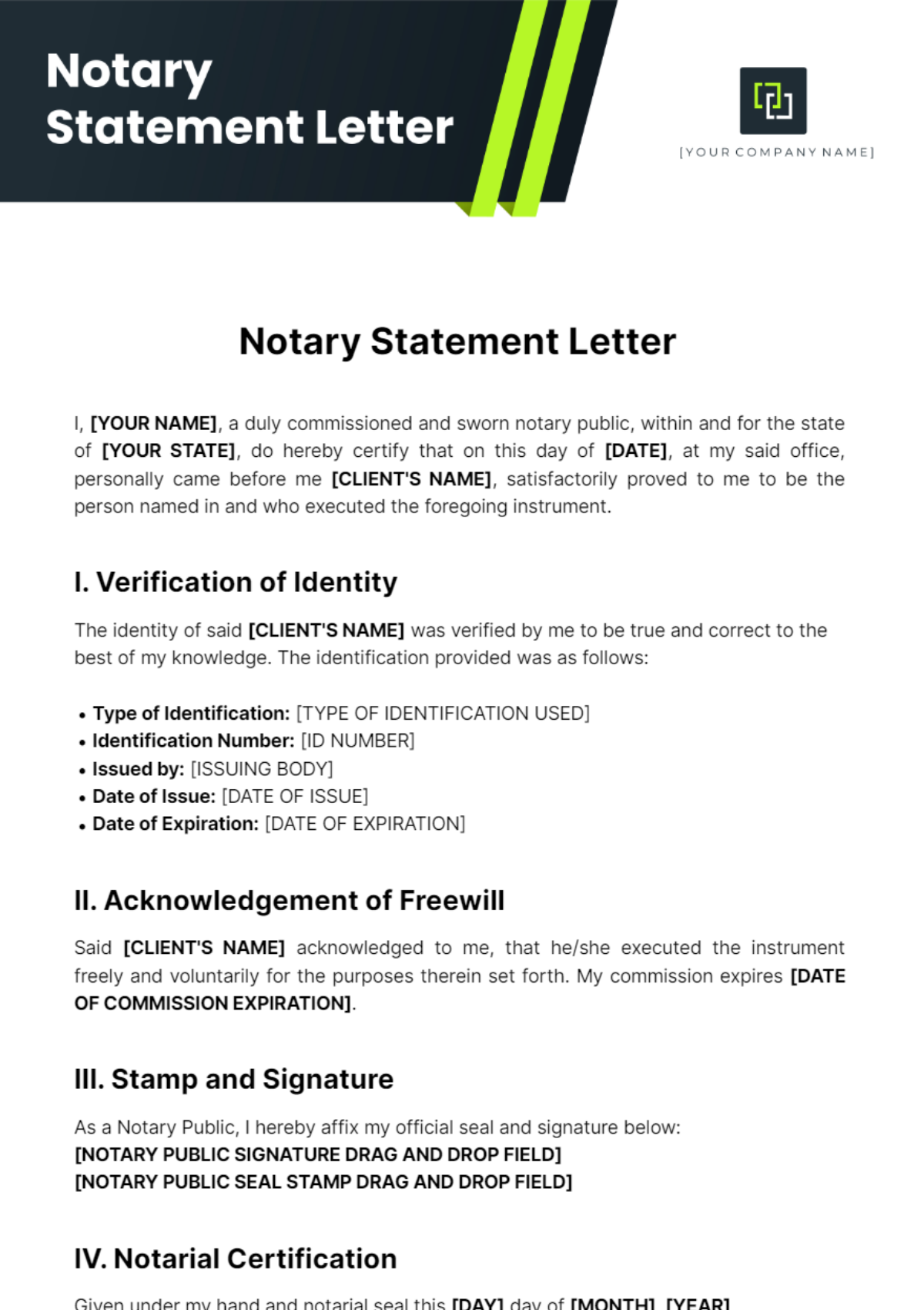 Free Notary Statement For Letter Template