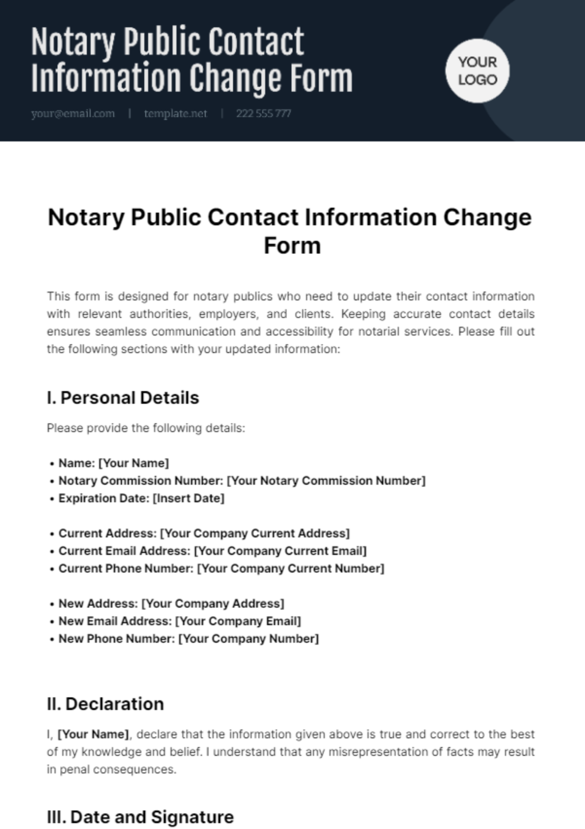 Free Notary Public Contact Information Change Form Template