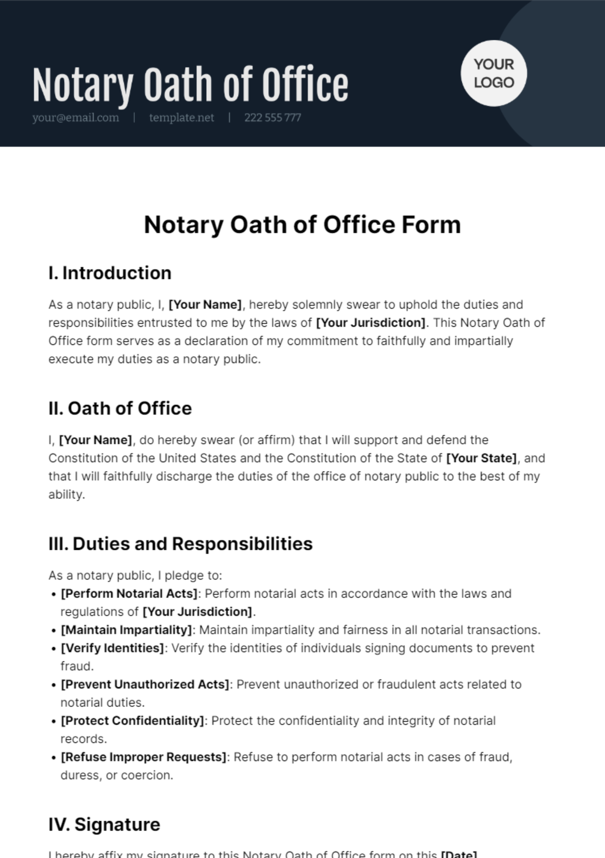 Free Notary Oath Of Office Form Template