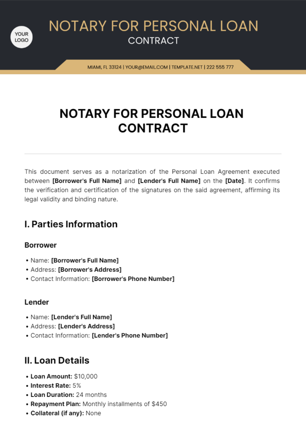 Free Notary for Personal Loan Contract Template