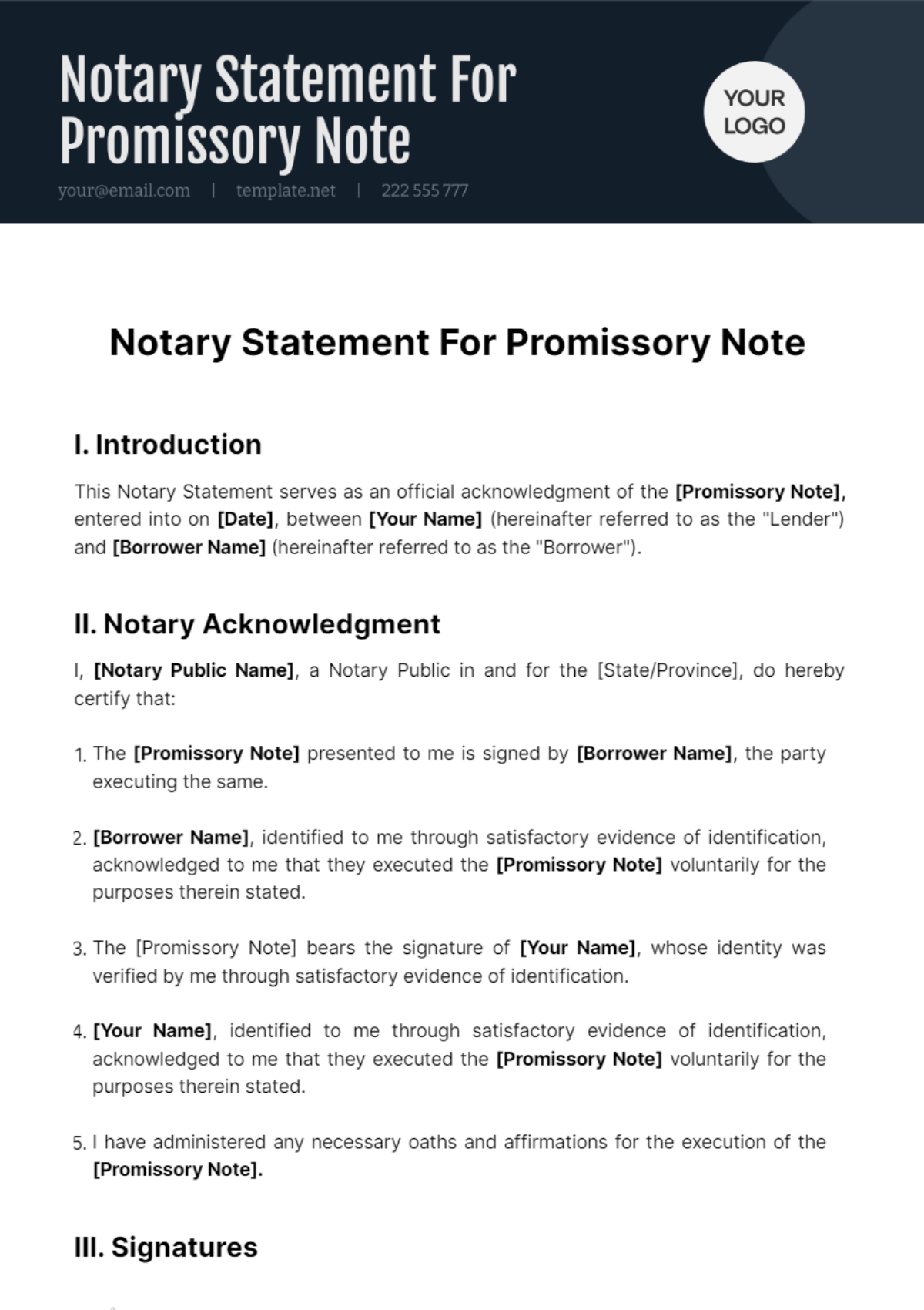 Notary Statement For Promissory Note Template