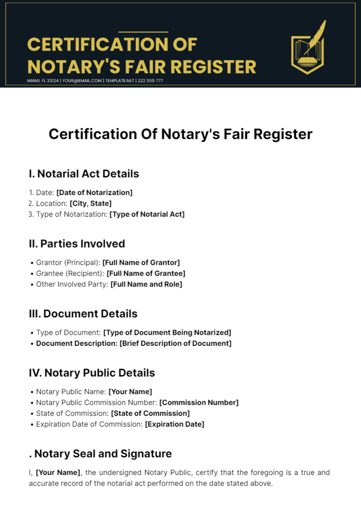 Certification Of Notary’s Fair Register Template