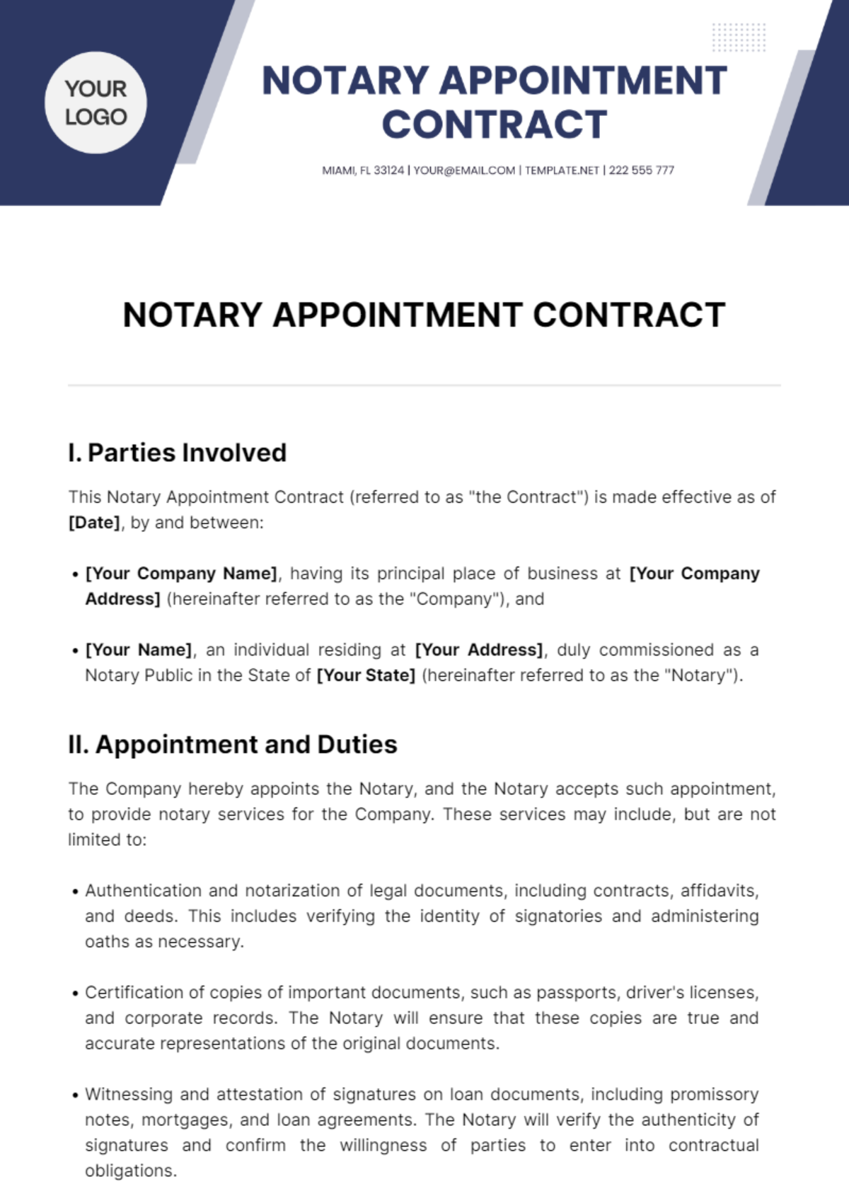 Free Notary Appointment Contract Template