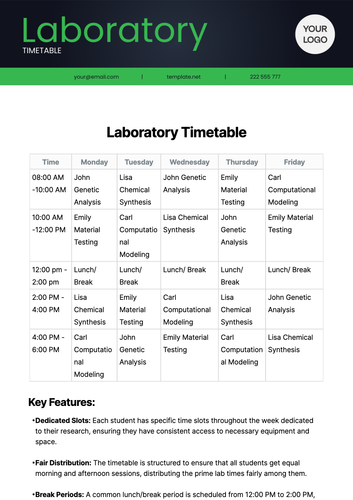 Free Laboratory Timetable Template