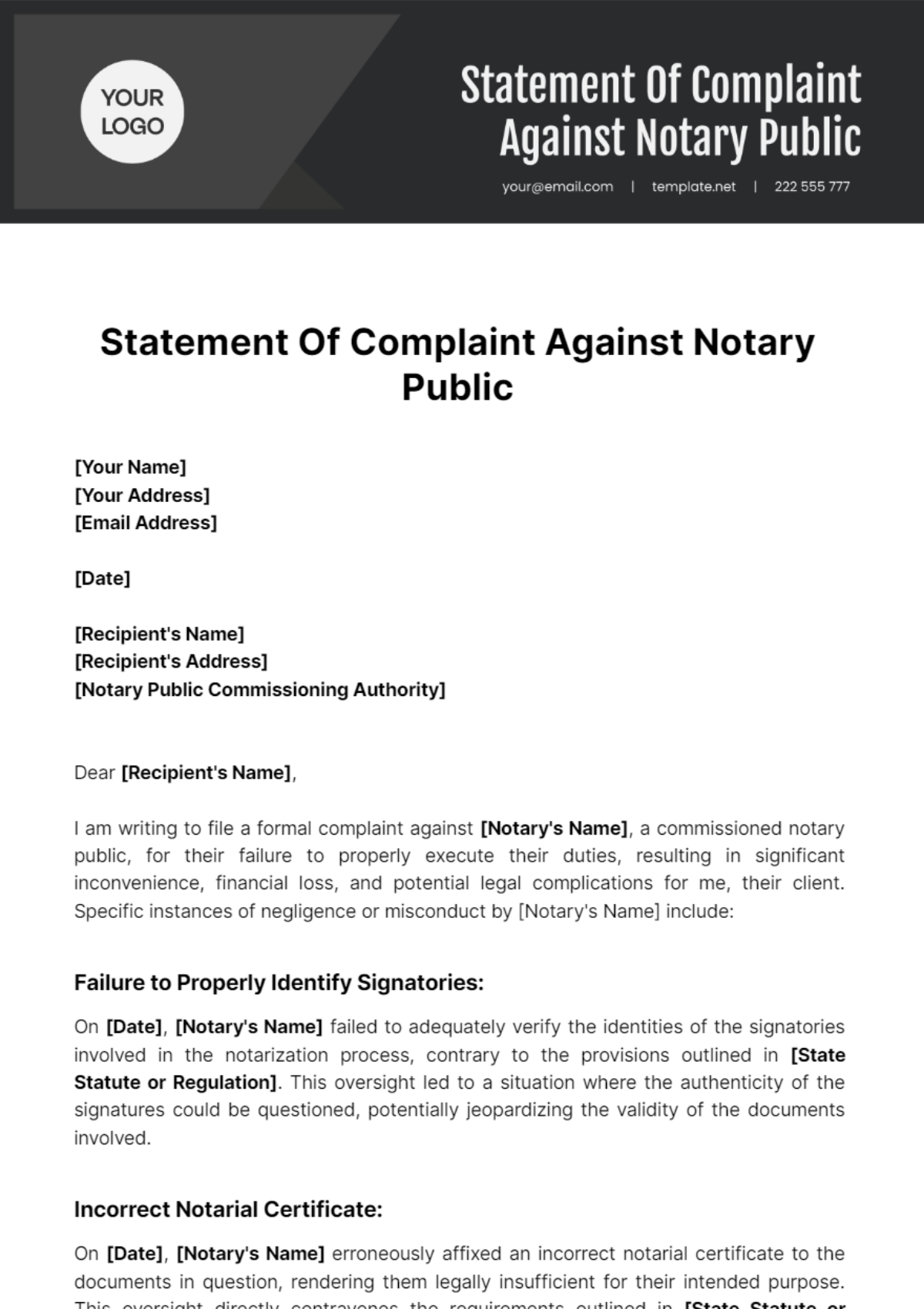 Statement Of Complaint Against Notary Public Template