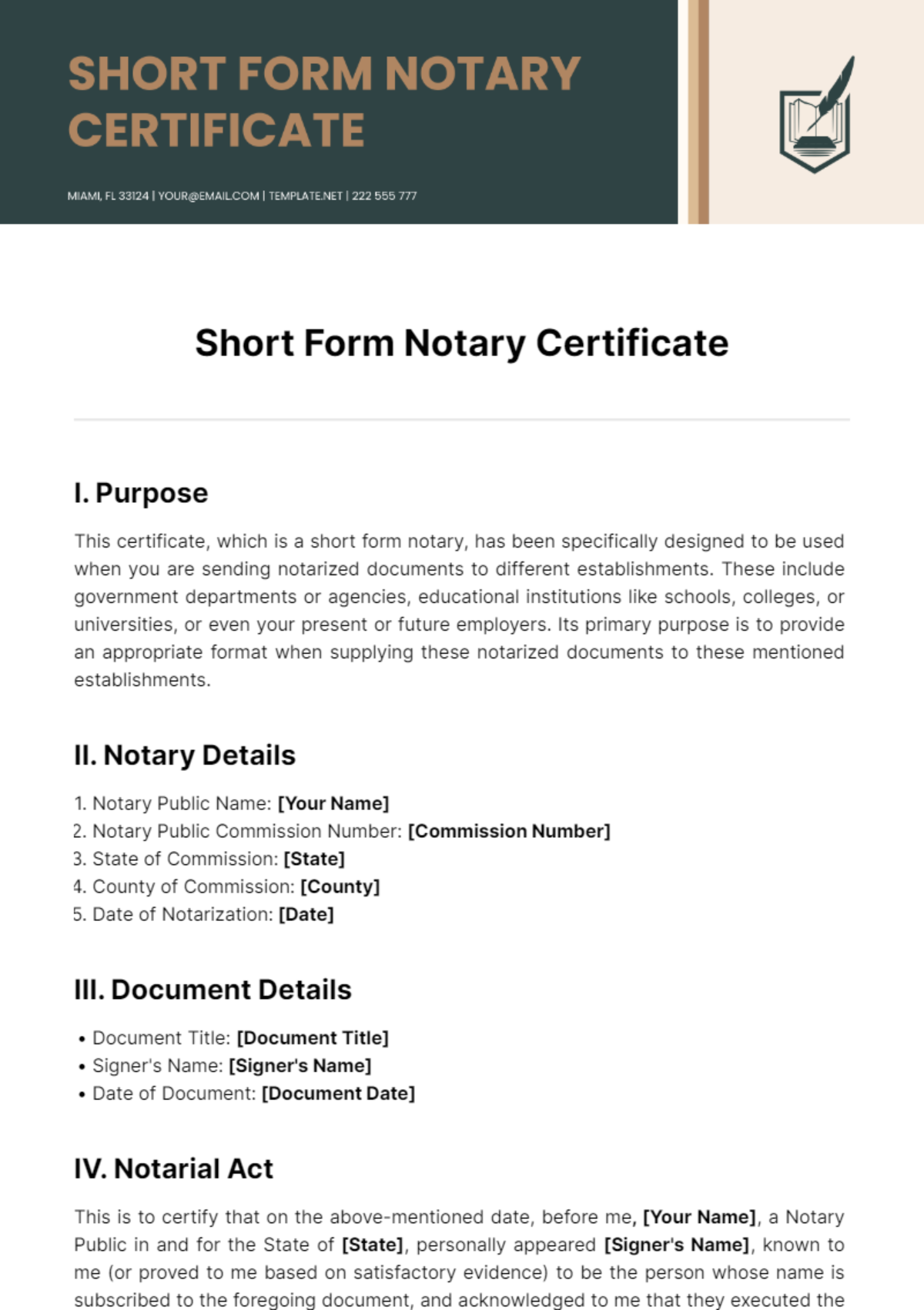 Free Short Form Notary Certificate Template