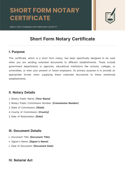 Free Short Form Notary Certificate Template to Edit Online