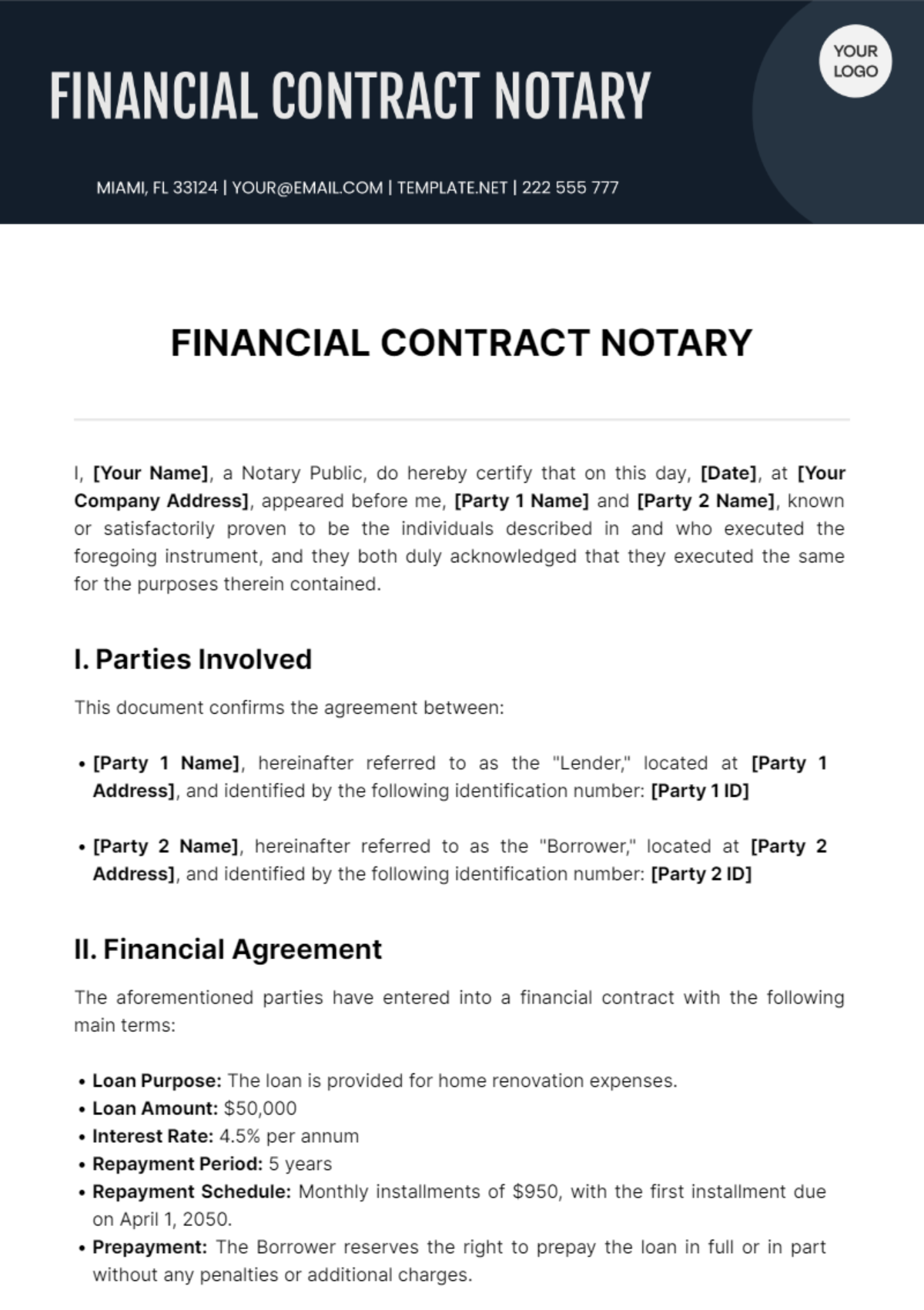 Financial Contract Notary Template