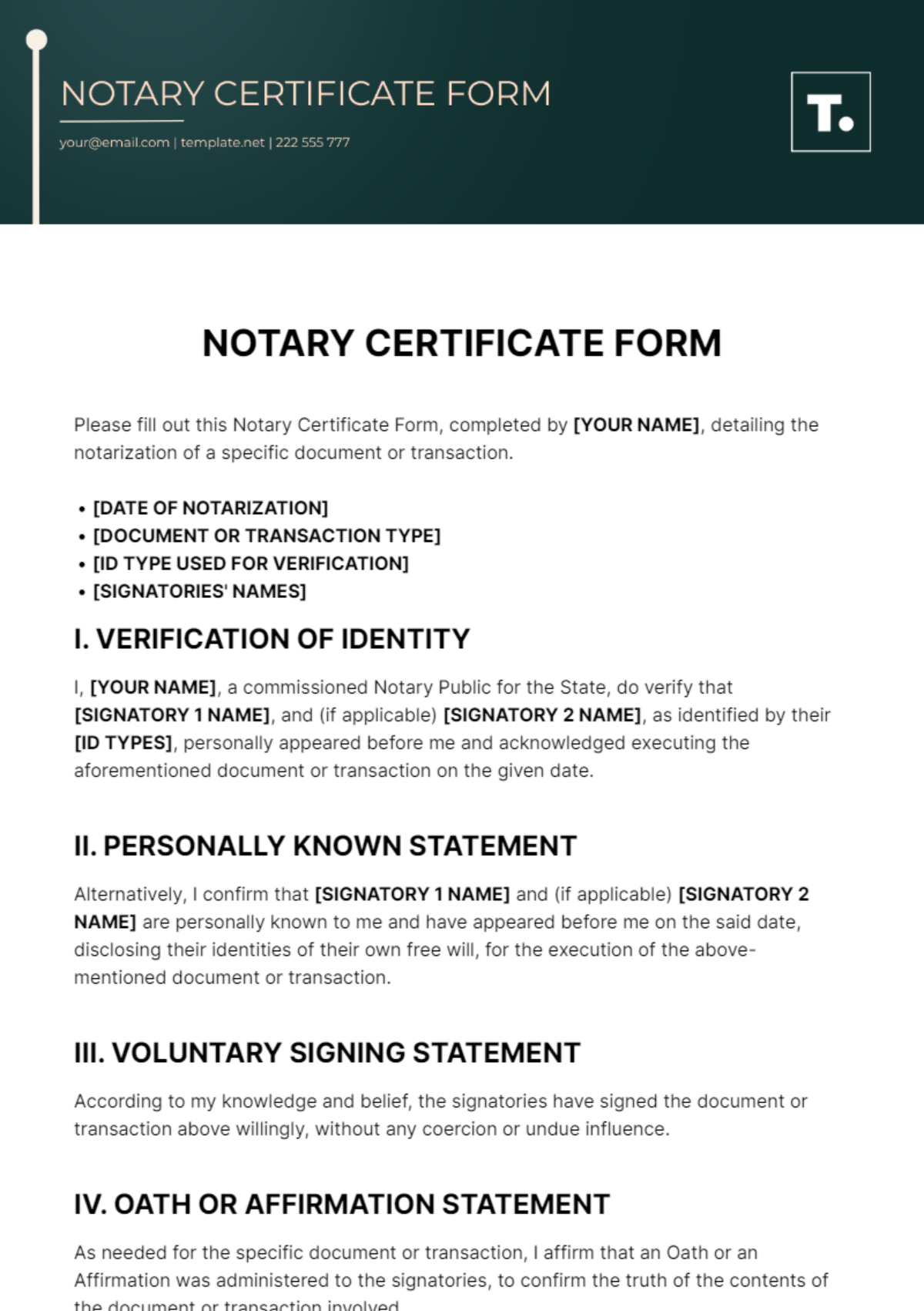 Notary Certificate Form Template