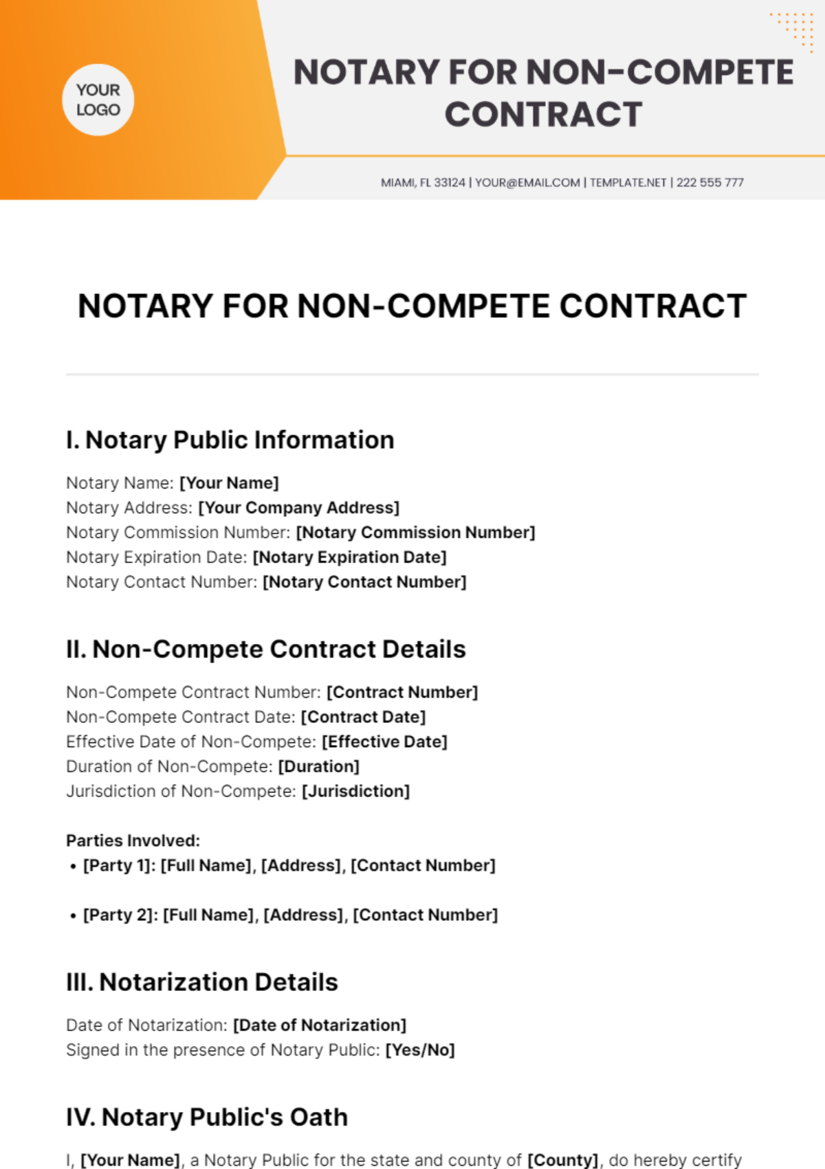 Notary for Non-Compete Contract Template