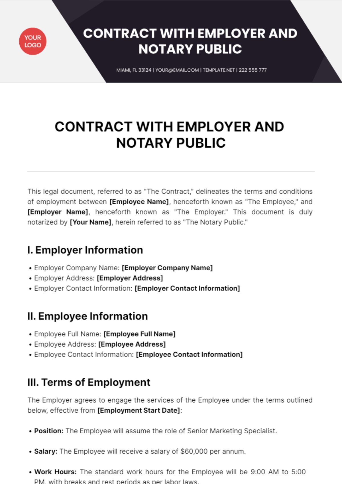 Free Contract With Employer and Notary Public Template
