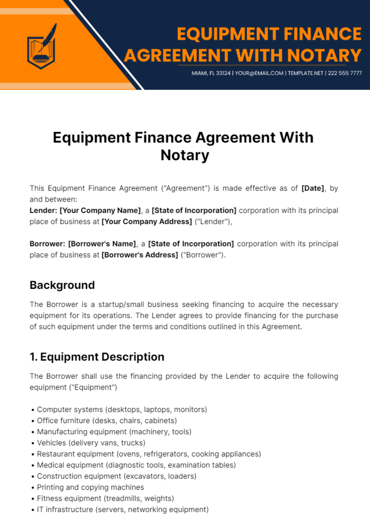 Free Equipment Finance Agreement With Notary Template