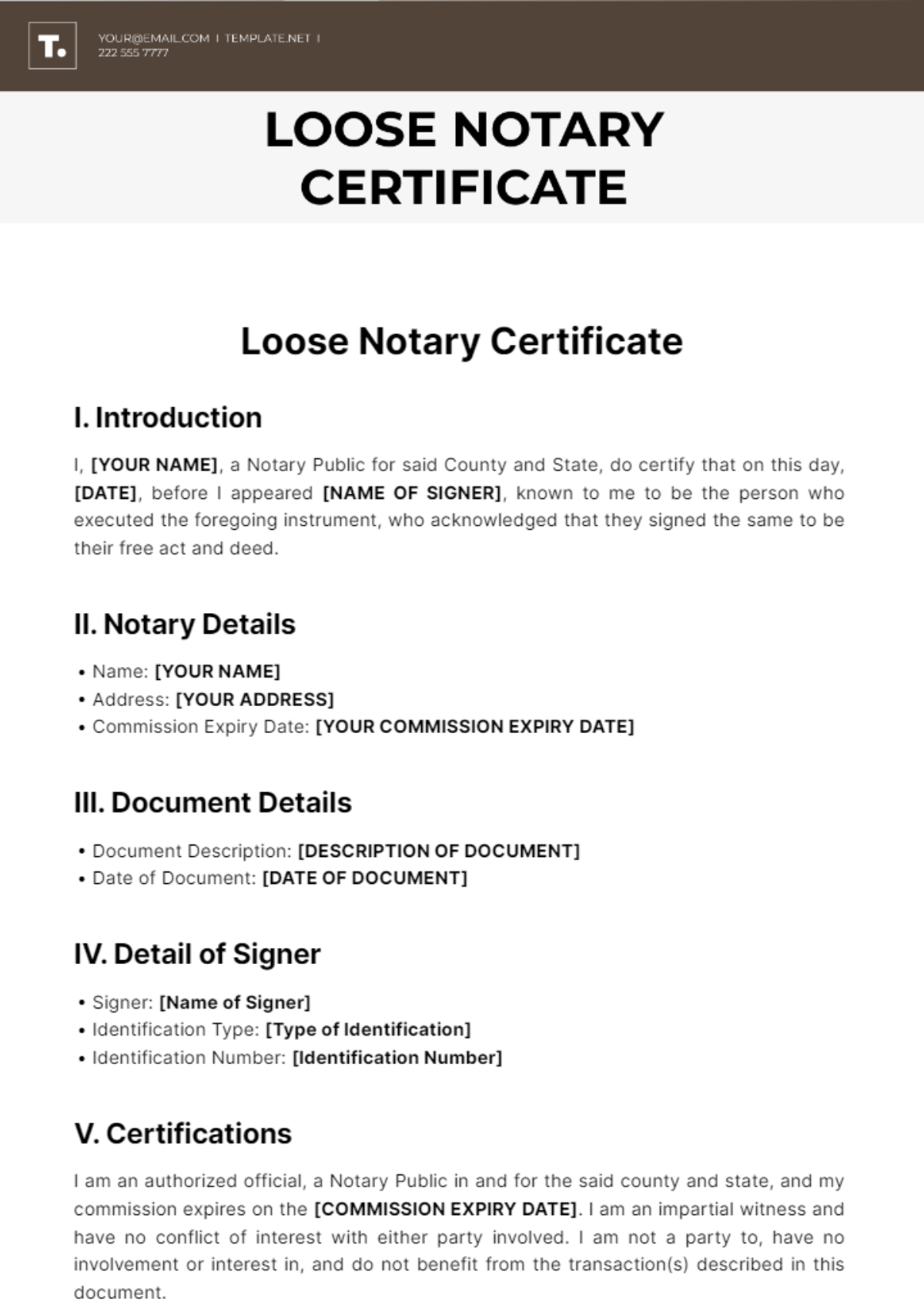 Free Loose Notary Certificate Template