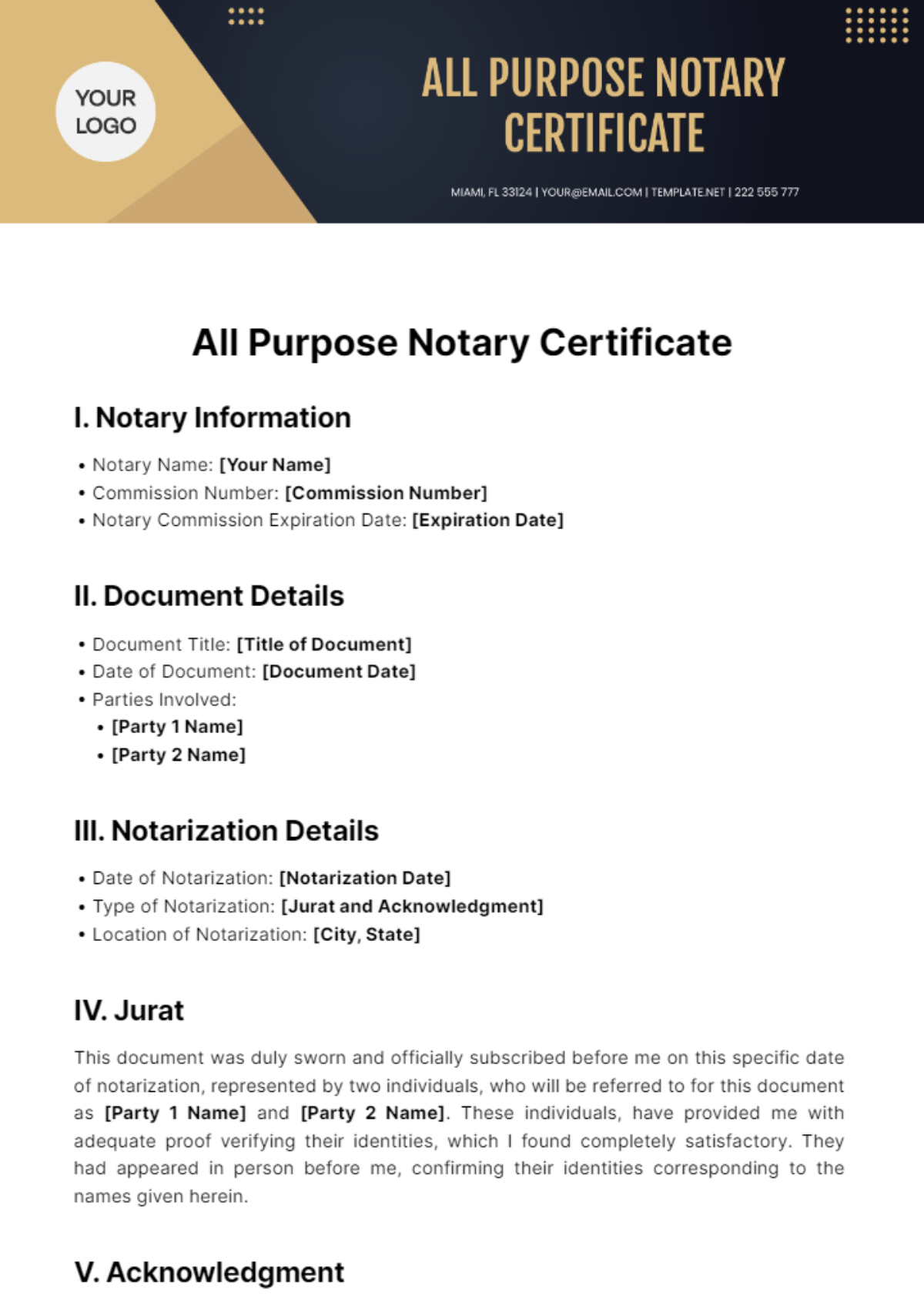 Free All Purpose Notary Certificate Template