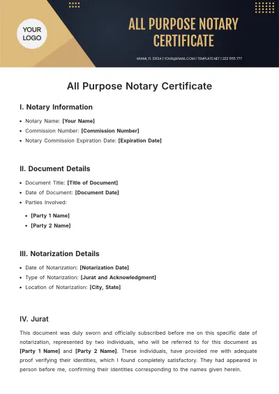 Free All Purpose Notary Certificate Template to Edit Online